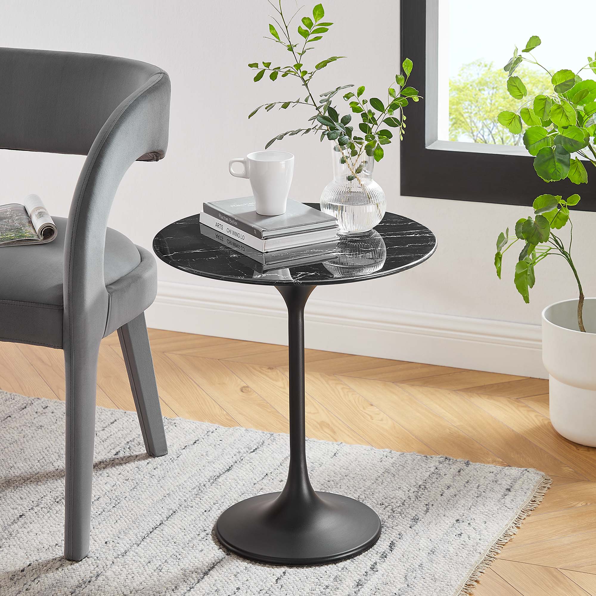 Lippa 20" Round Faux Marble Side Table, Black Black