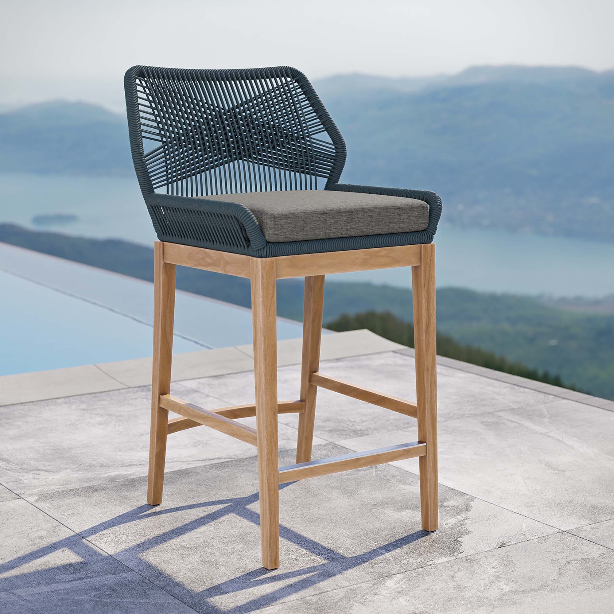 Wellspring Outdoor Patio Teak Wood Bar Stool, Blue Graphite