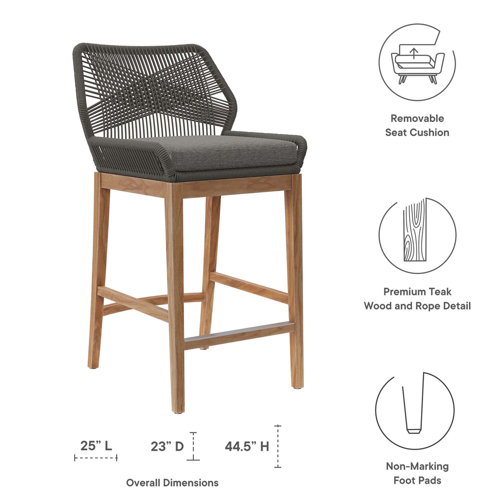 Wellspring Outdoor Patio Teak Wood Bar Stool, Gray Graphite