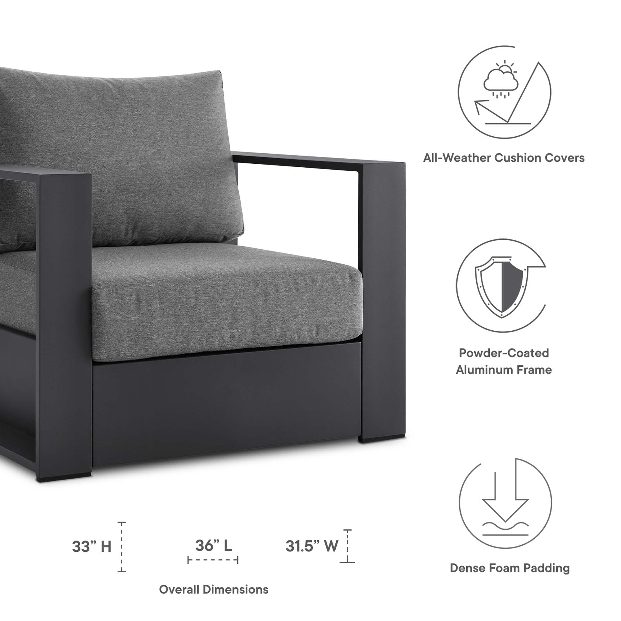 Tahoe 2-Piece Outdoor Patio Powder-Coated Aluminum Armchair Set, Gray Charcoal