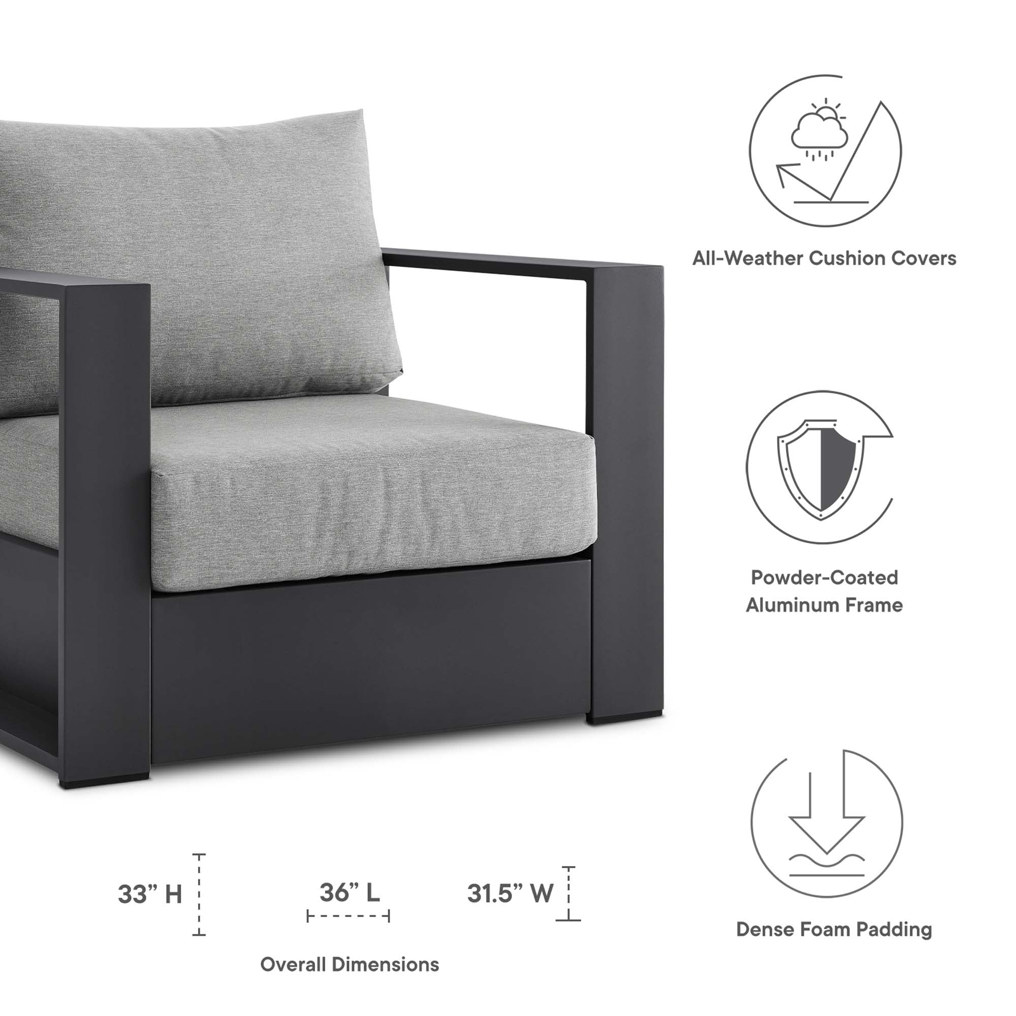 Tahoe 2-Piece Outdoor Patio Powder-Coated Aluminum Armchair Set, Gray Gray
