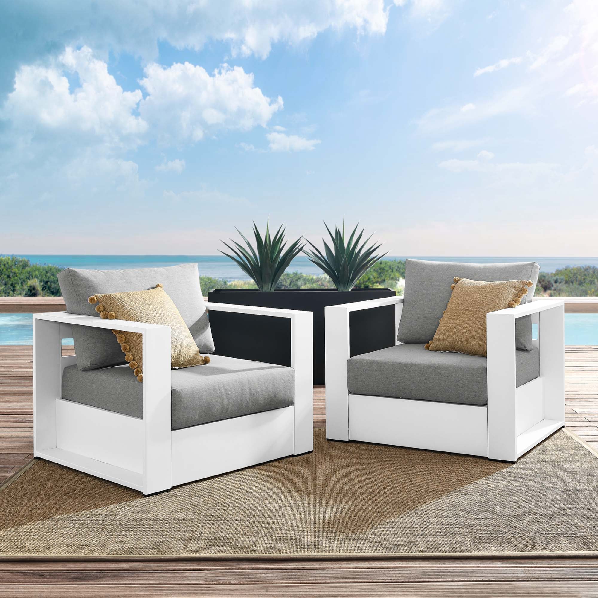 Tahoe 2-Piece Outdoor Patio Powder-Coated Aluminum Armchair Set, White Gray