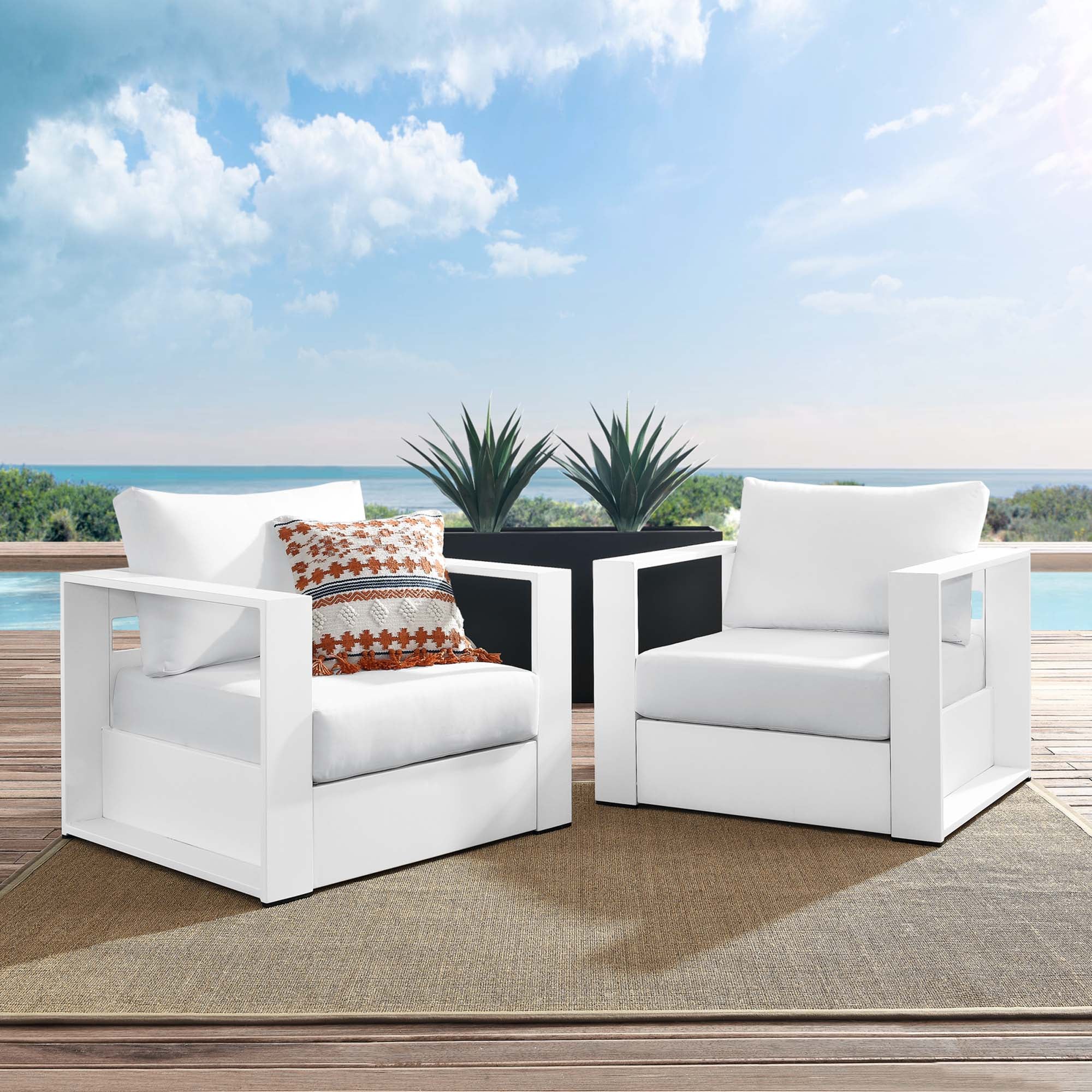 Tahoe 2-Piece Outdoor Patio Powder-Coated Aluminum Armchair Set, White White