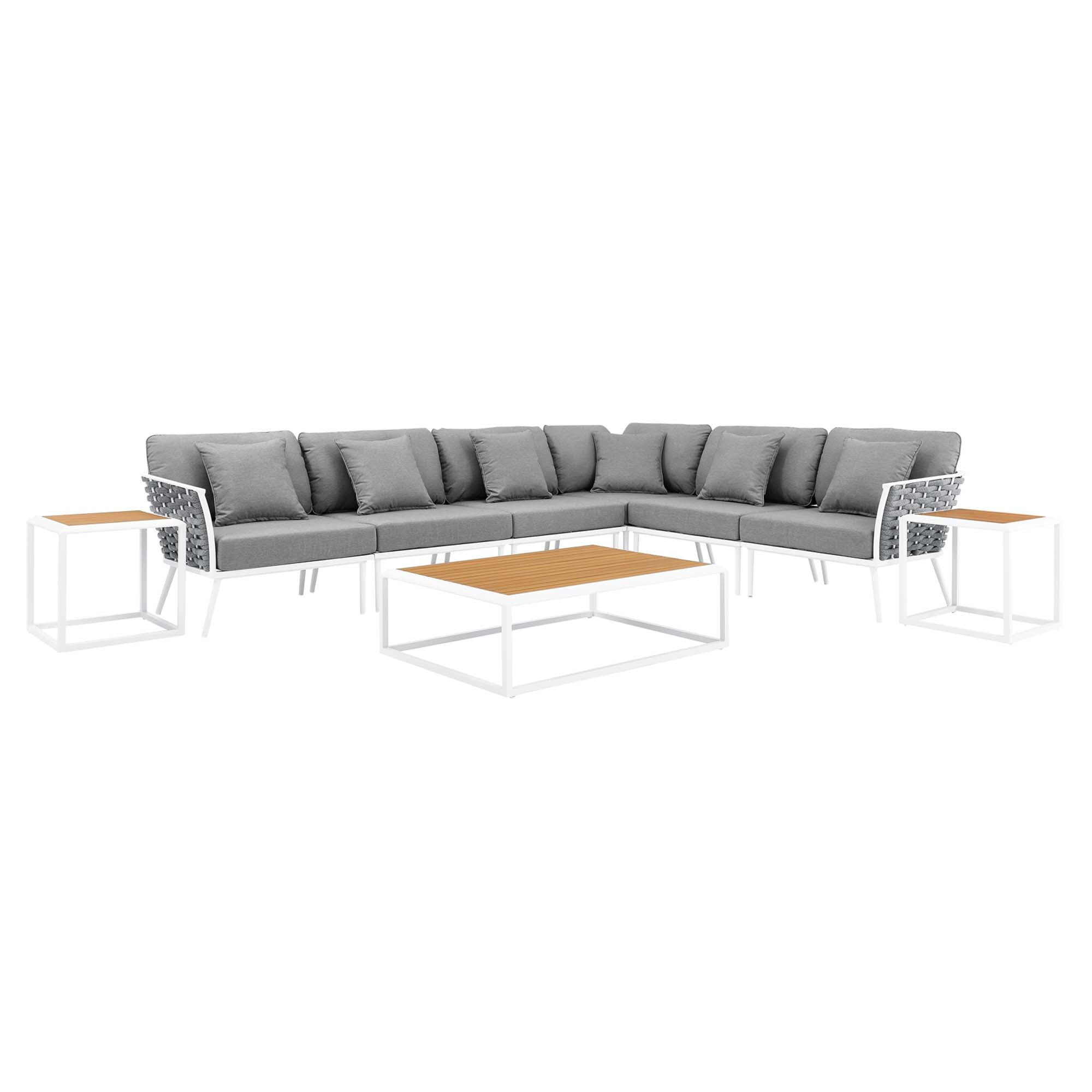 Stance 9 Piece Aluminum Outdoor Patio Aluminum Sectional Sofa Set, White Gray