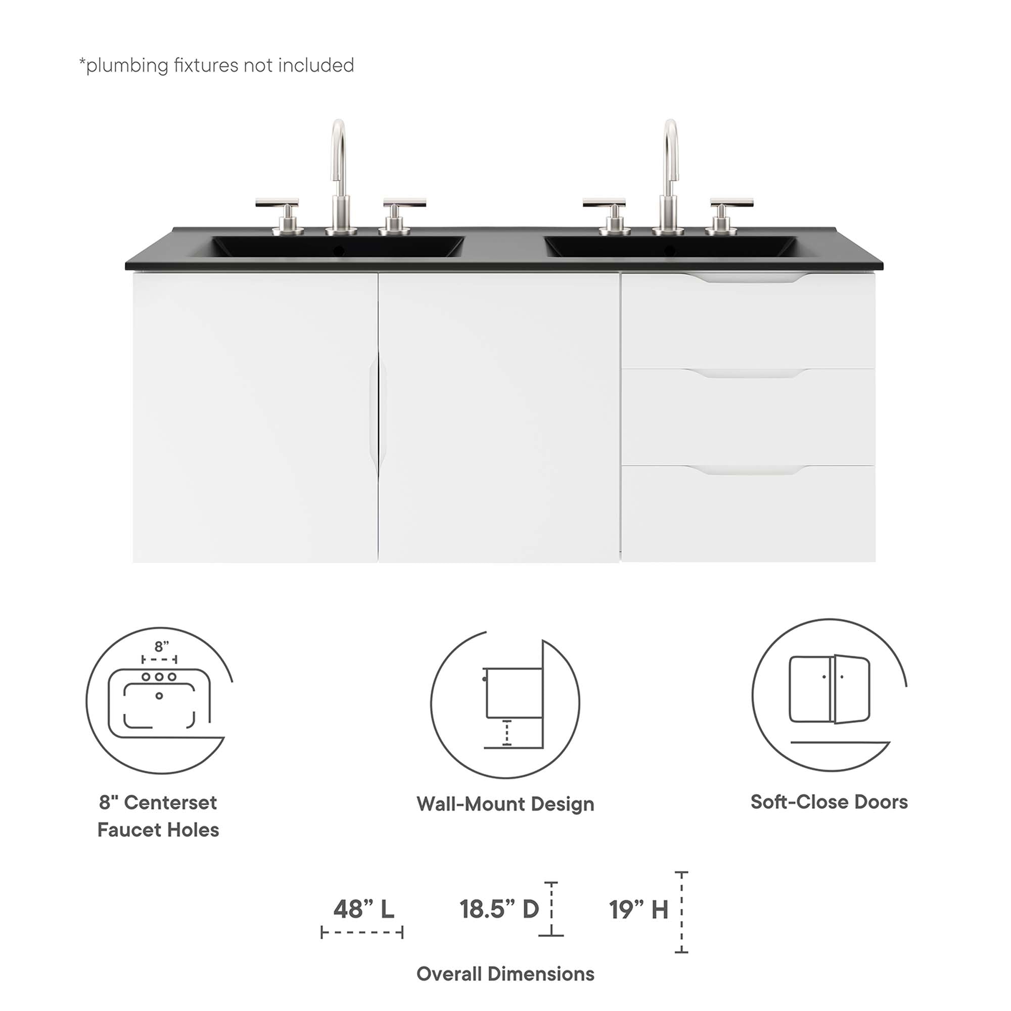 Vitality 48" Double Sink Bathroom Vanity, White Black