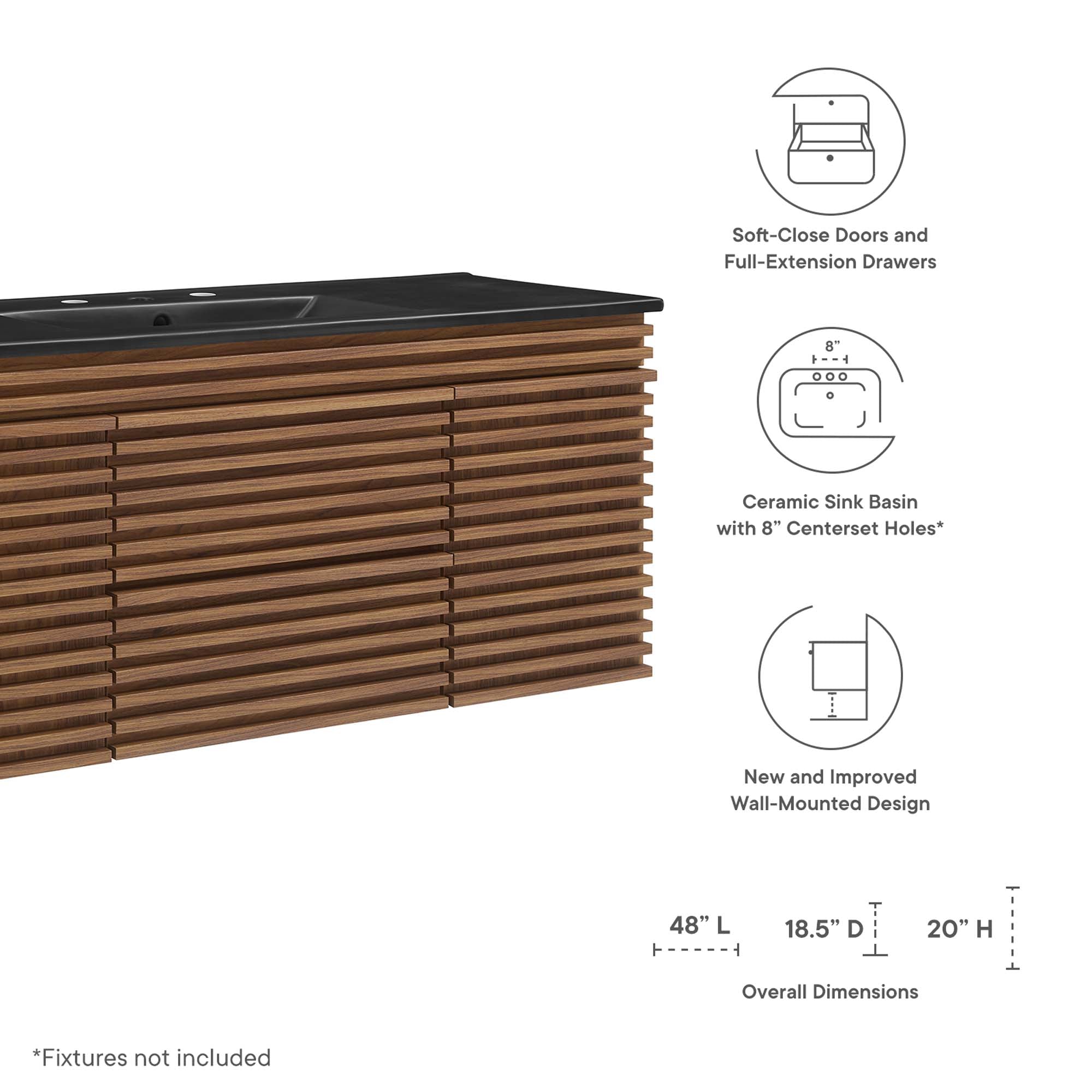 Render 48" Wall-Mount Bathroom Vanity, Walnut Black