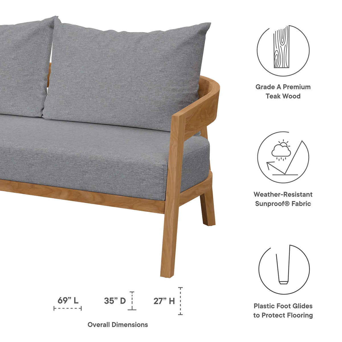 Brisbane 3-Piece Teak Wood Outdoor Patio Set, Natural Gray - Model EEI-5834