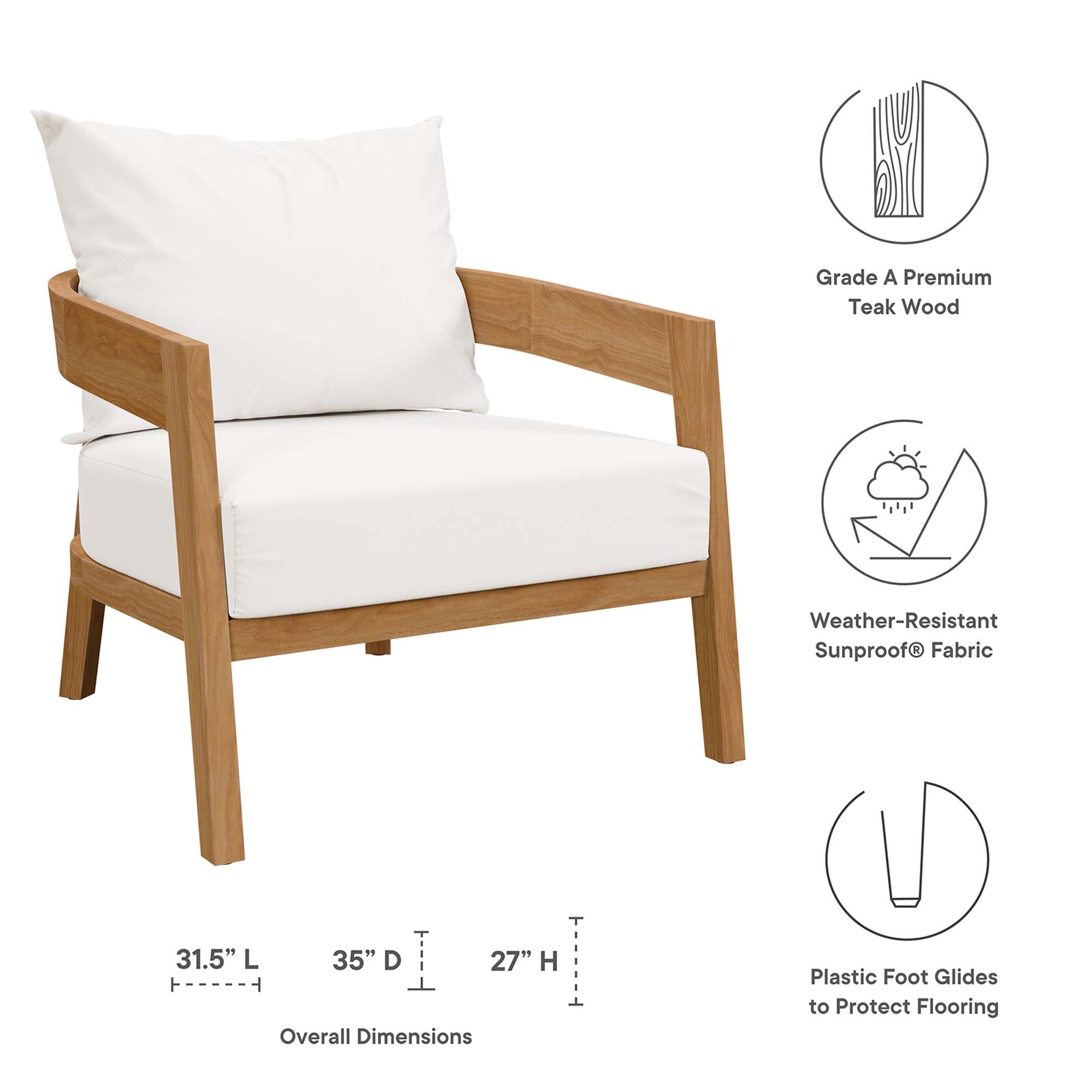 Brisbane 3-Piece Teak Wood Outdoor Patio Set, Natural White