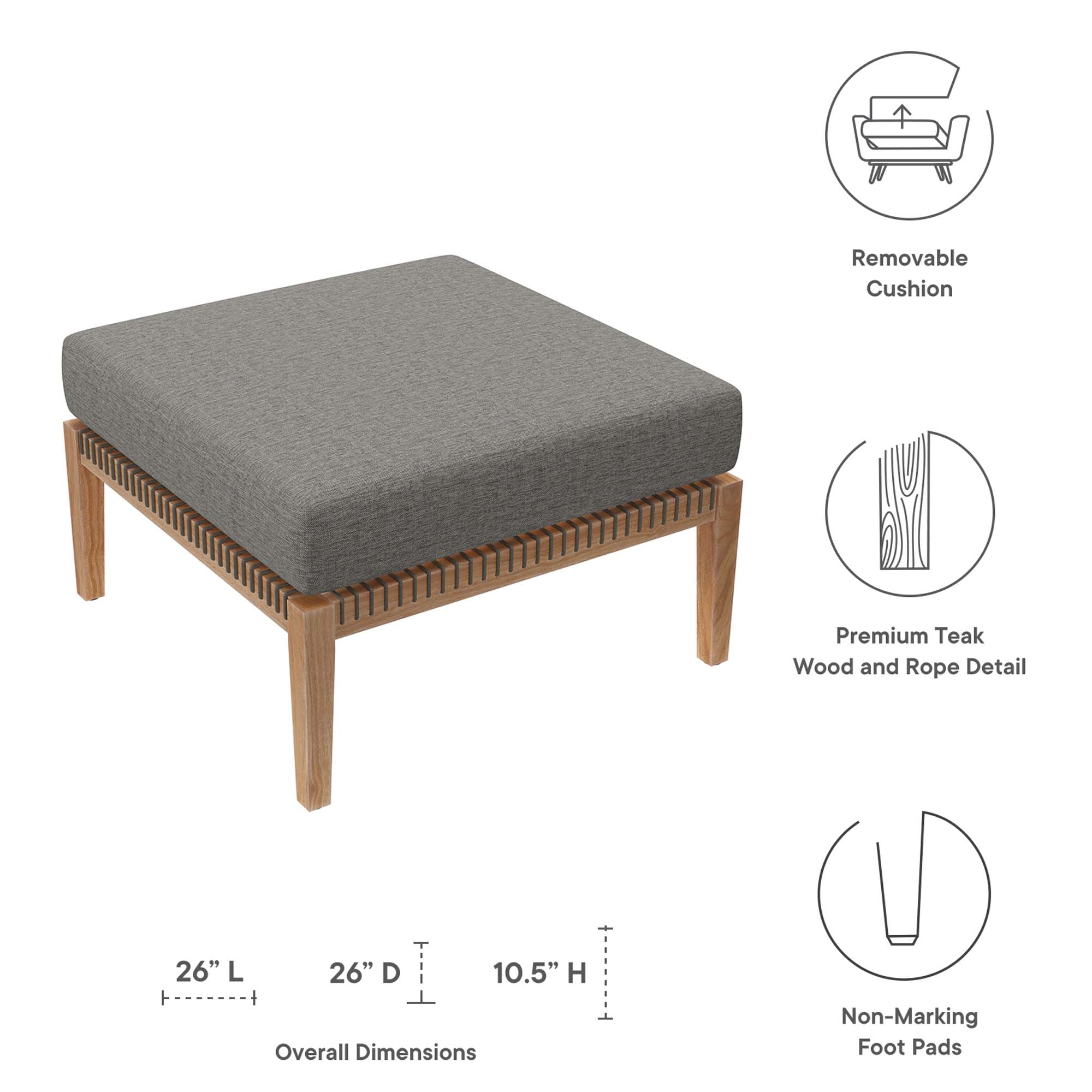 Clearwater Outdoor Patio Teak Wood Ottoman, Gray Graphite