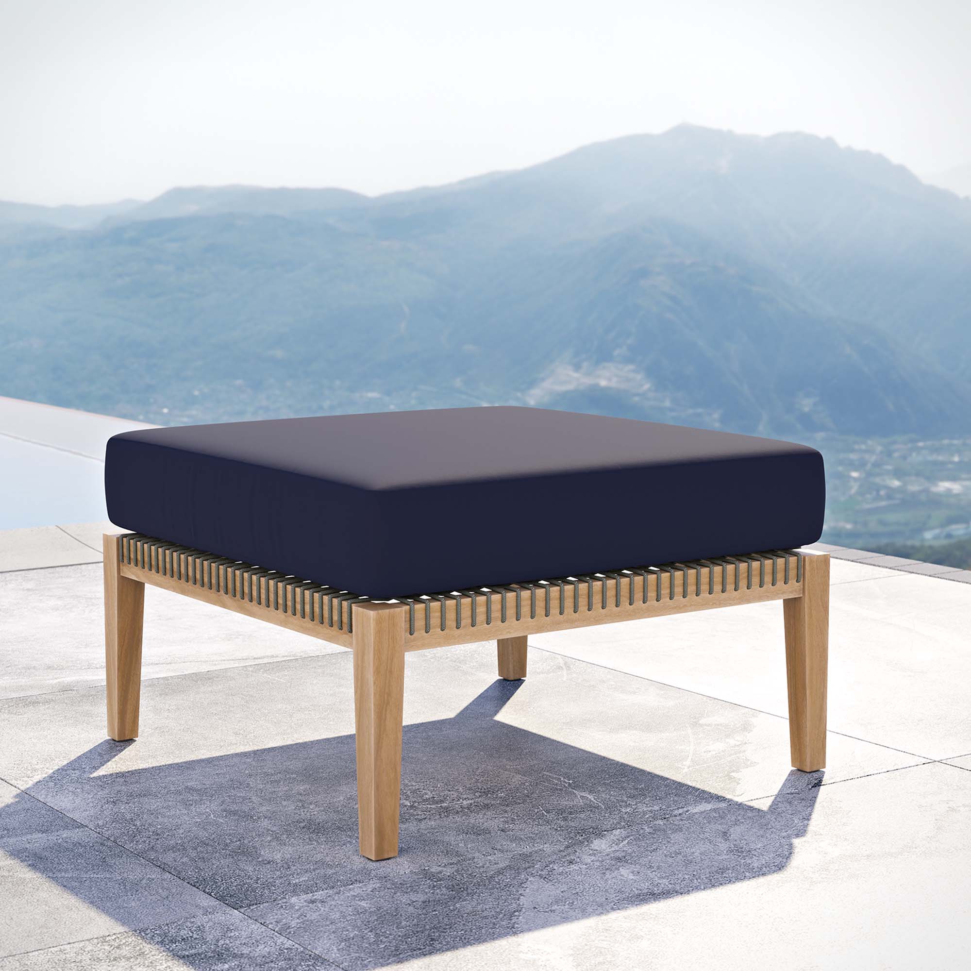 Clearwater Outdoor Patio Teak Wood Ottoman, Gray Navy