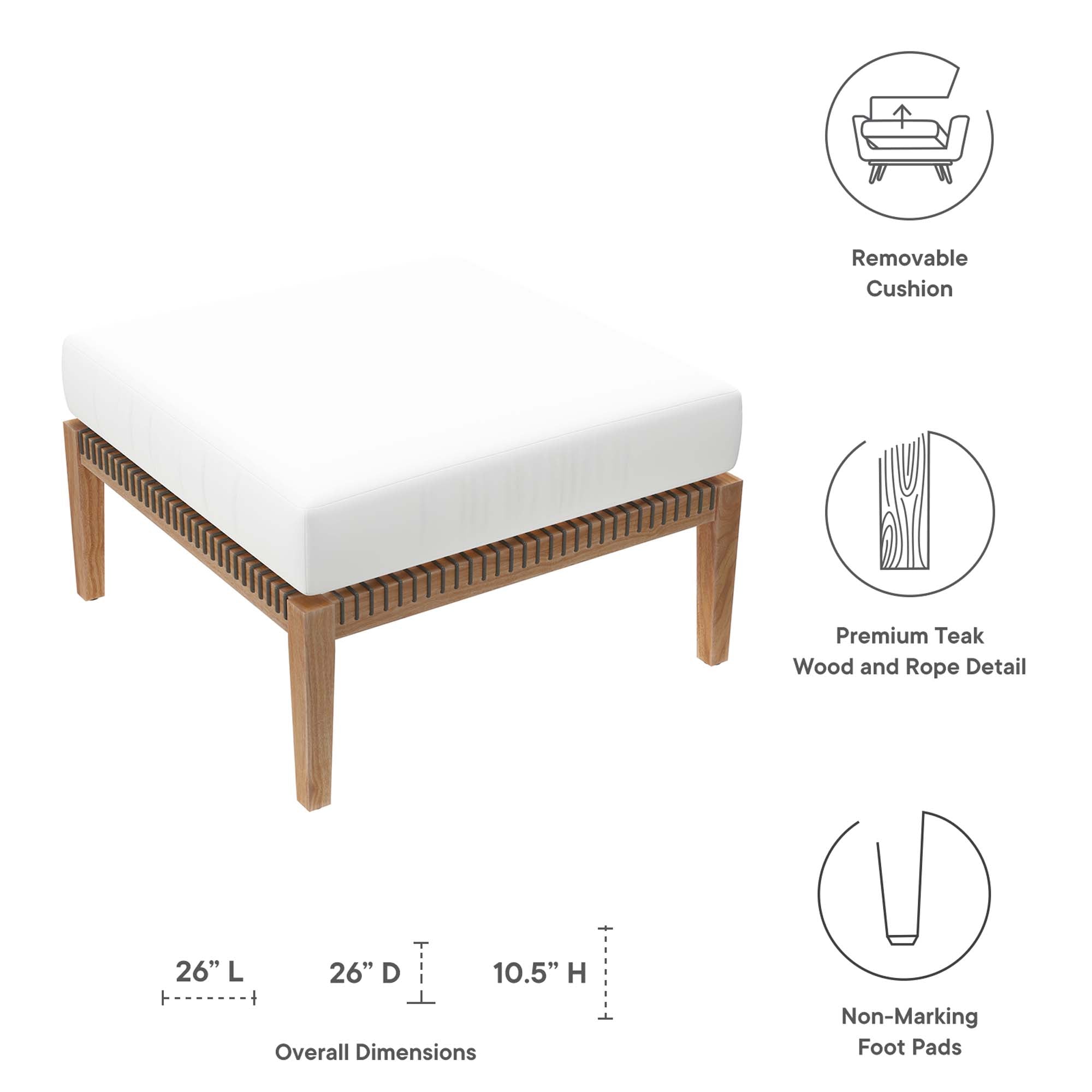Clearwater Outdoor Patio Teak Wood Ottoman, Gray White