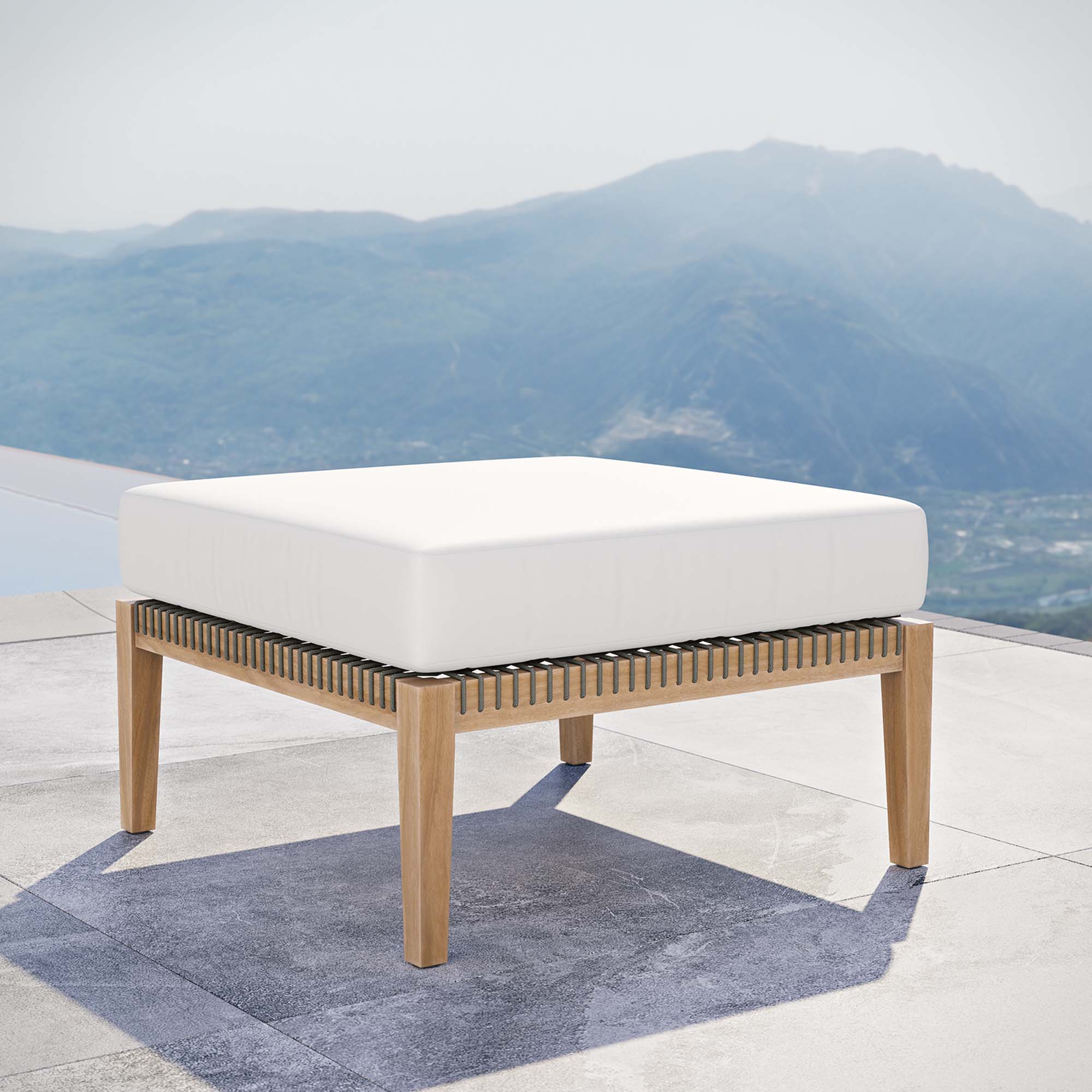 Clearwater Outdoor Patio Teak Wood Ottoman, Gray White
