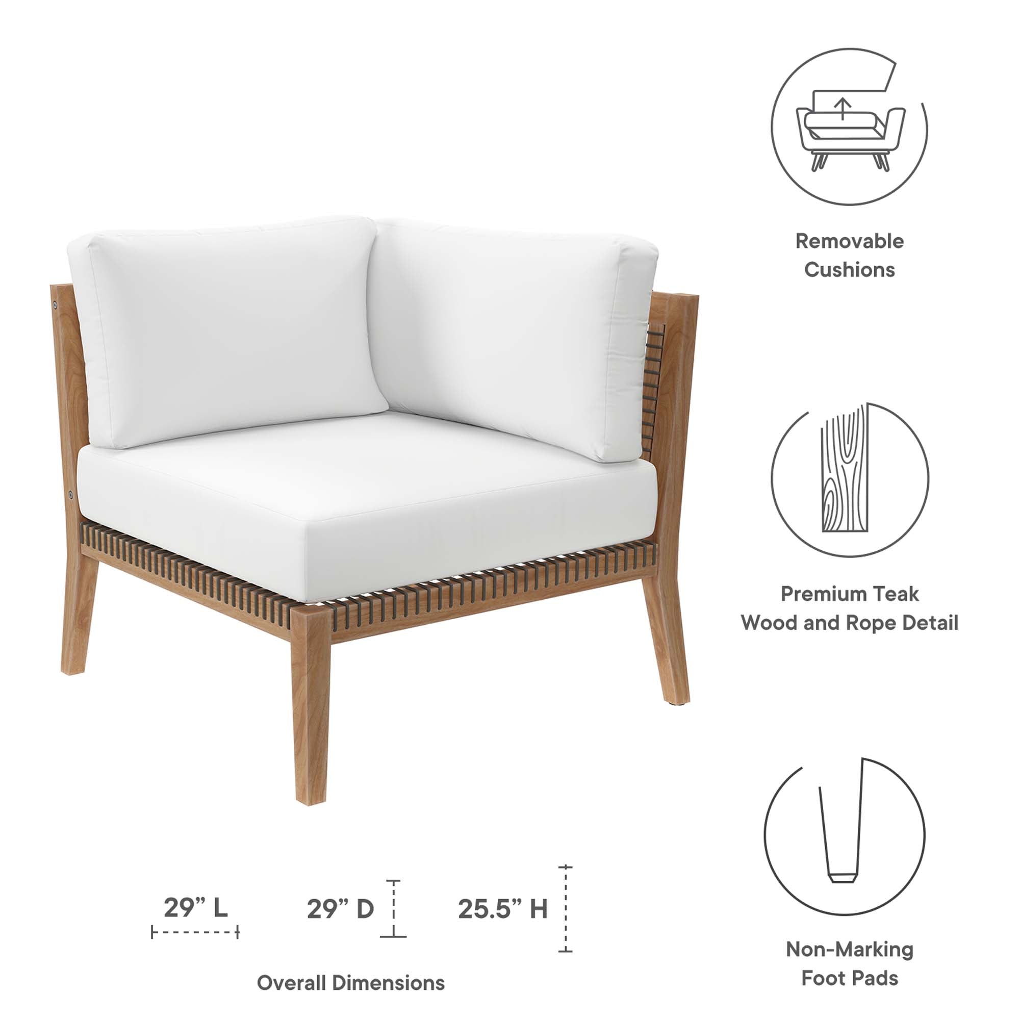 Clearwater Outdoor Patio Teak Wood Corner Chair, Gray White