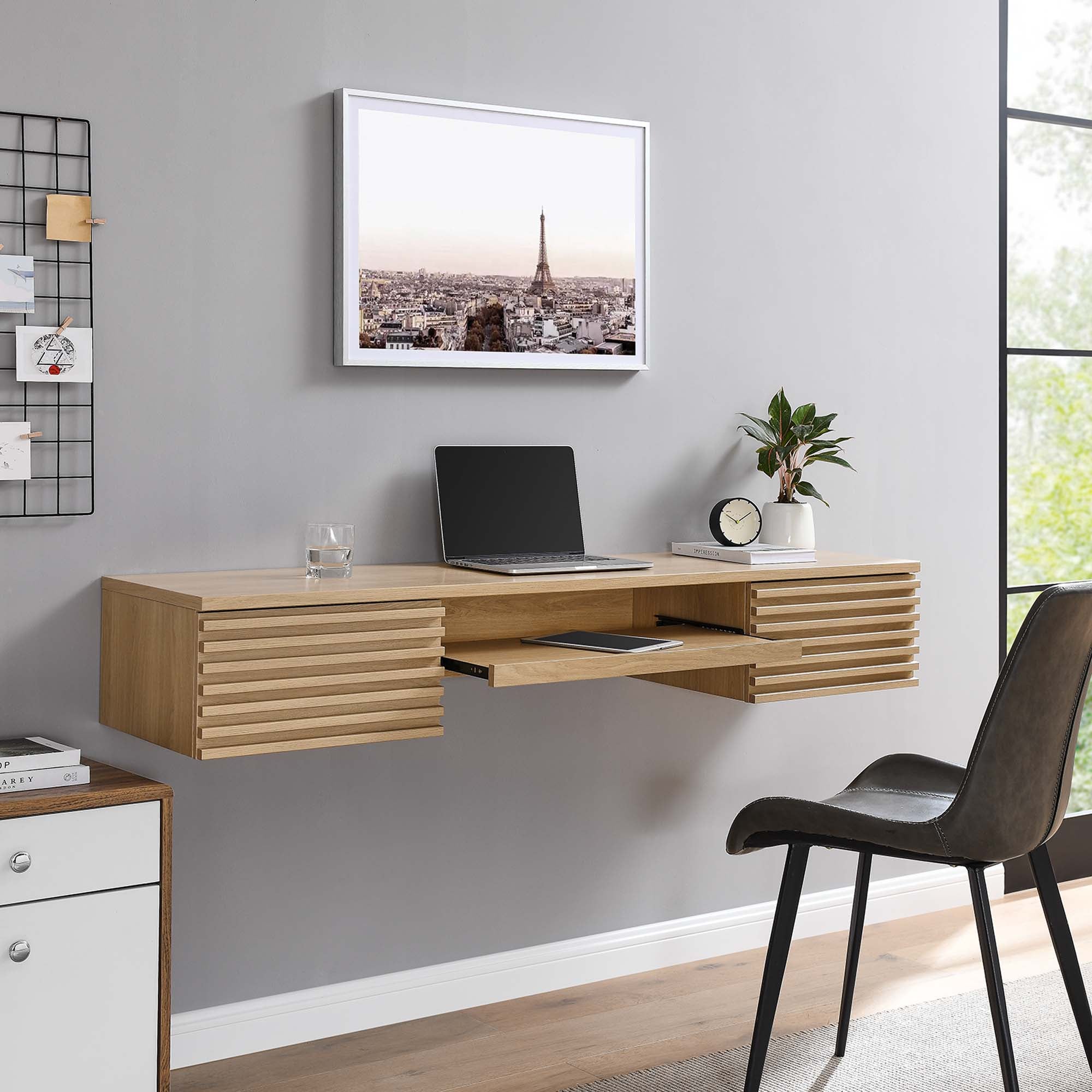 Render Wall Mount Wood Office Desk, Oak