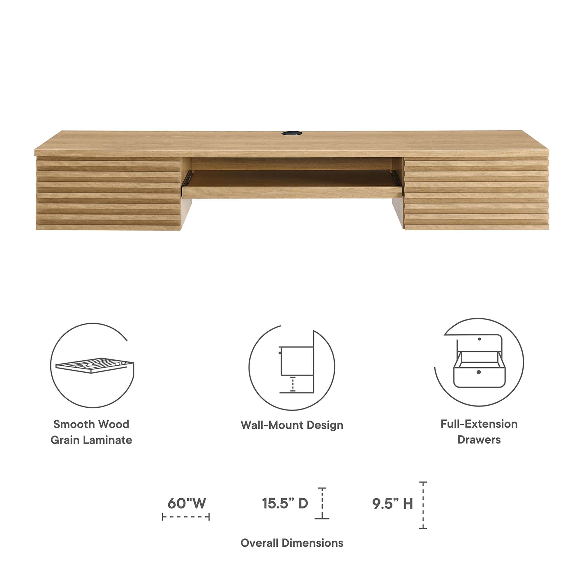 Render Wall Mount Wood Office Desk, Oak