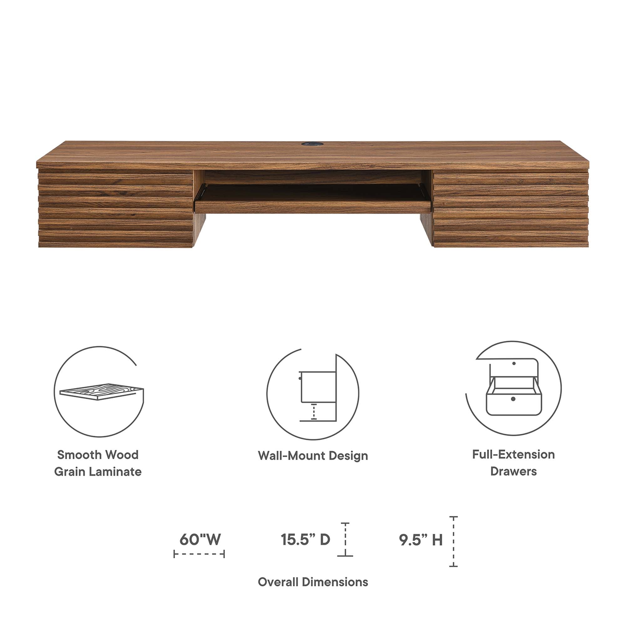 Render Wall Mount Wood Office Desk, Walnut
