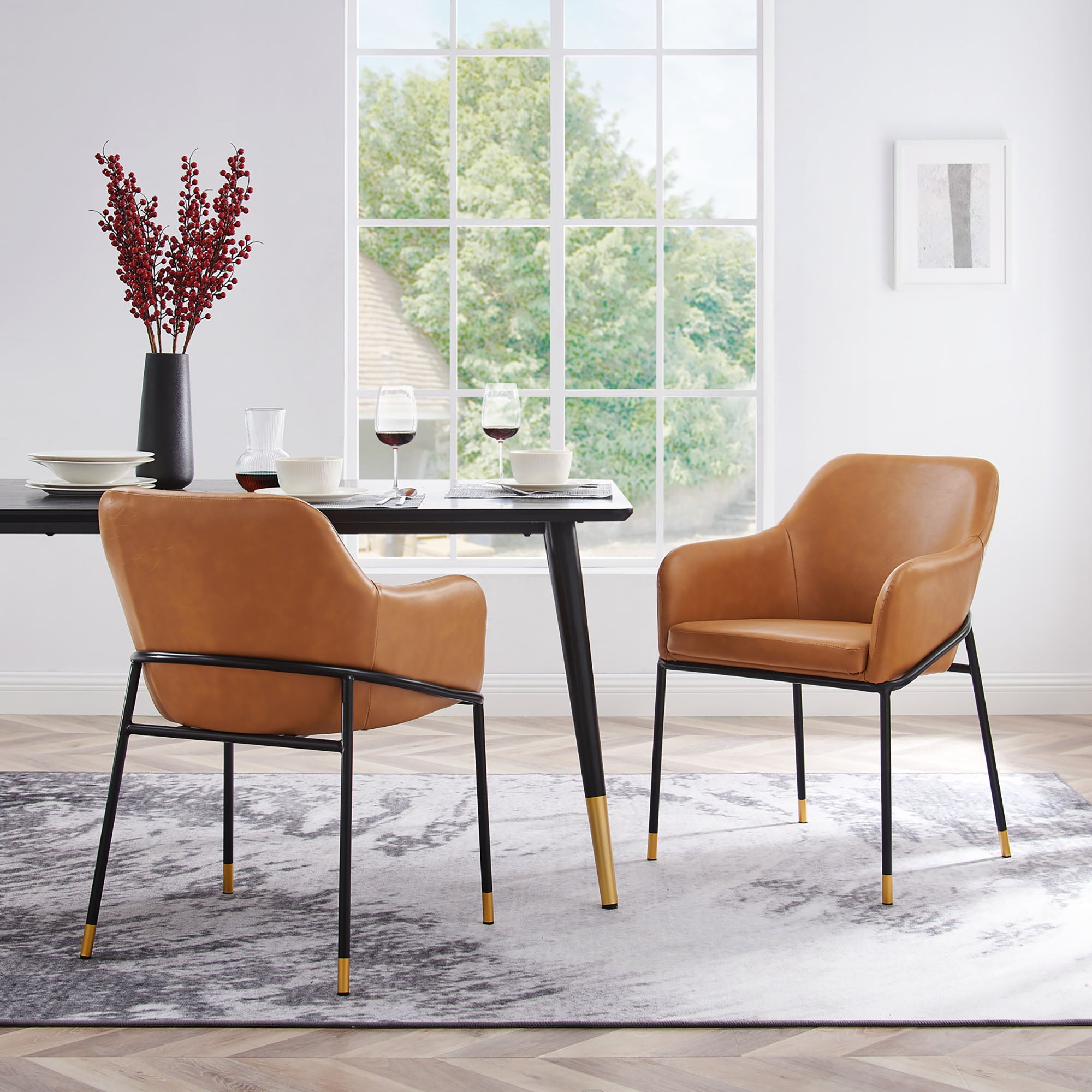 Jovi Vegan Leather Dining Chair Set of 2, Black Tan