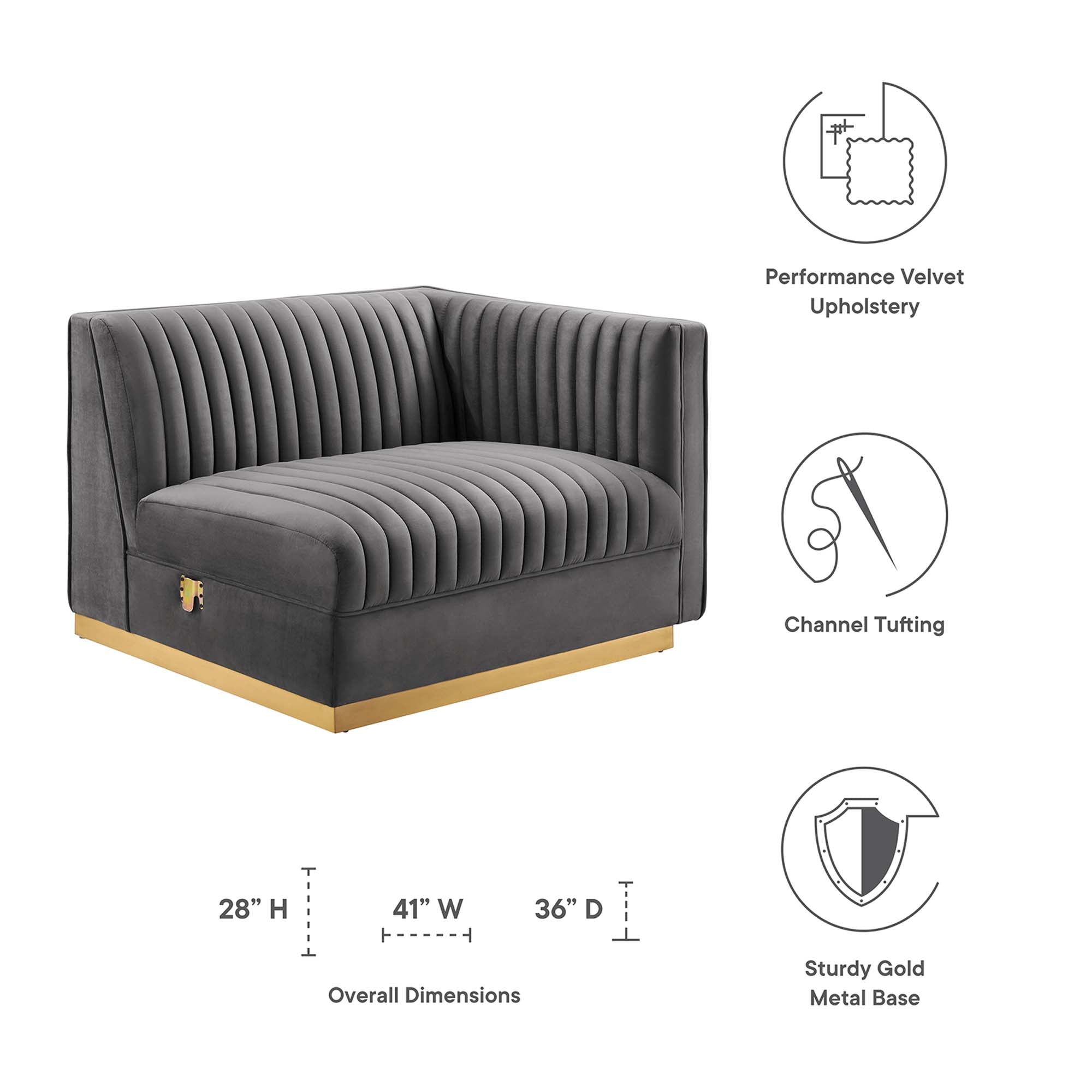 Sanguine Channel Tufted Performance Velvet Modular Sectional Sofa Right-Arm Chair, Gray