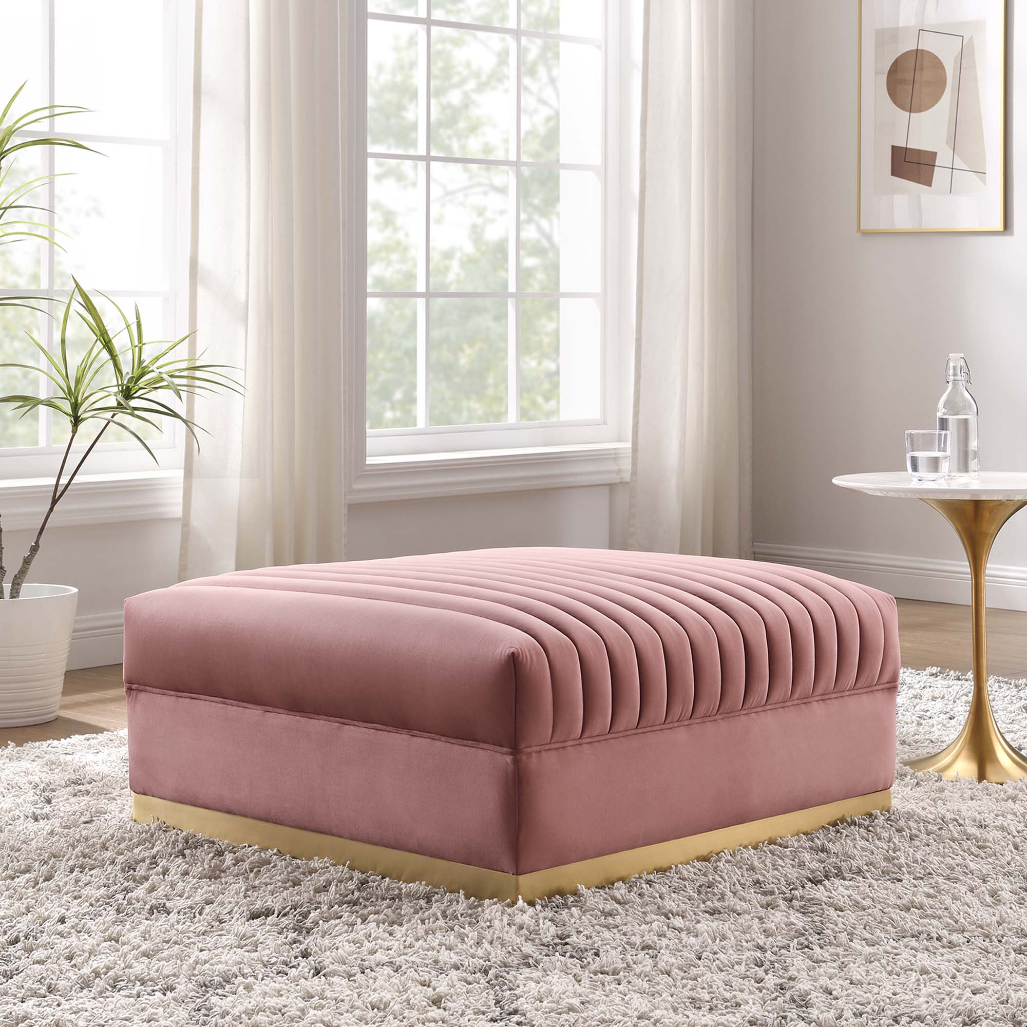 Sanguine Channel Tufted Performance Velvet Modular Sectional Sofa Ottoman, Dusty Rose
