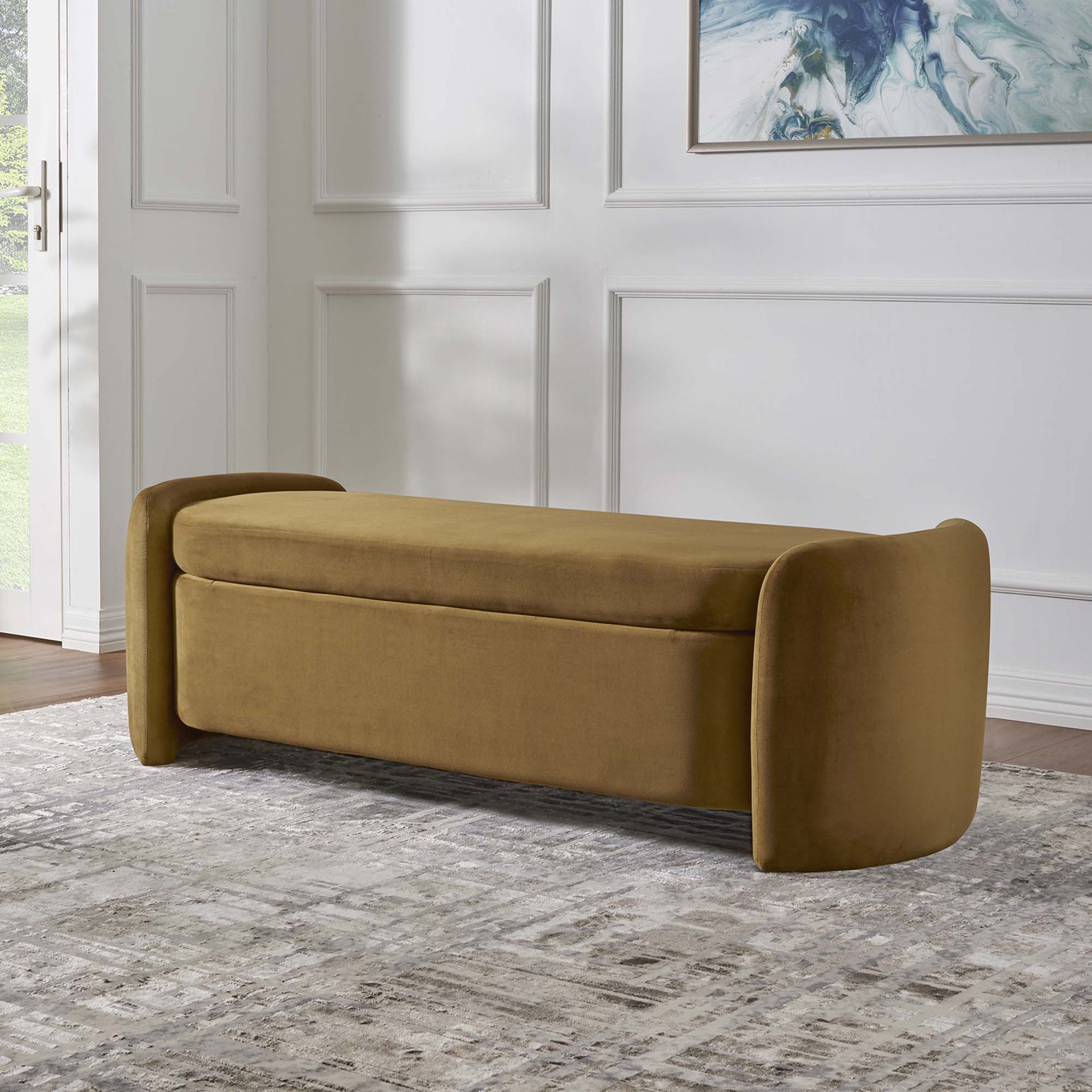 Nebula Upholstered Performance Velvet Bench, Cognac