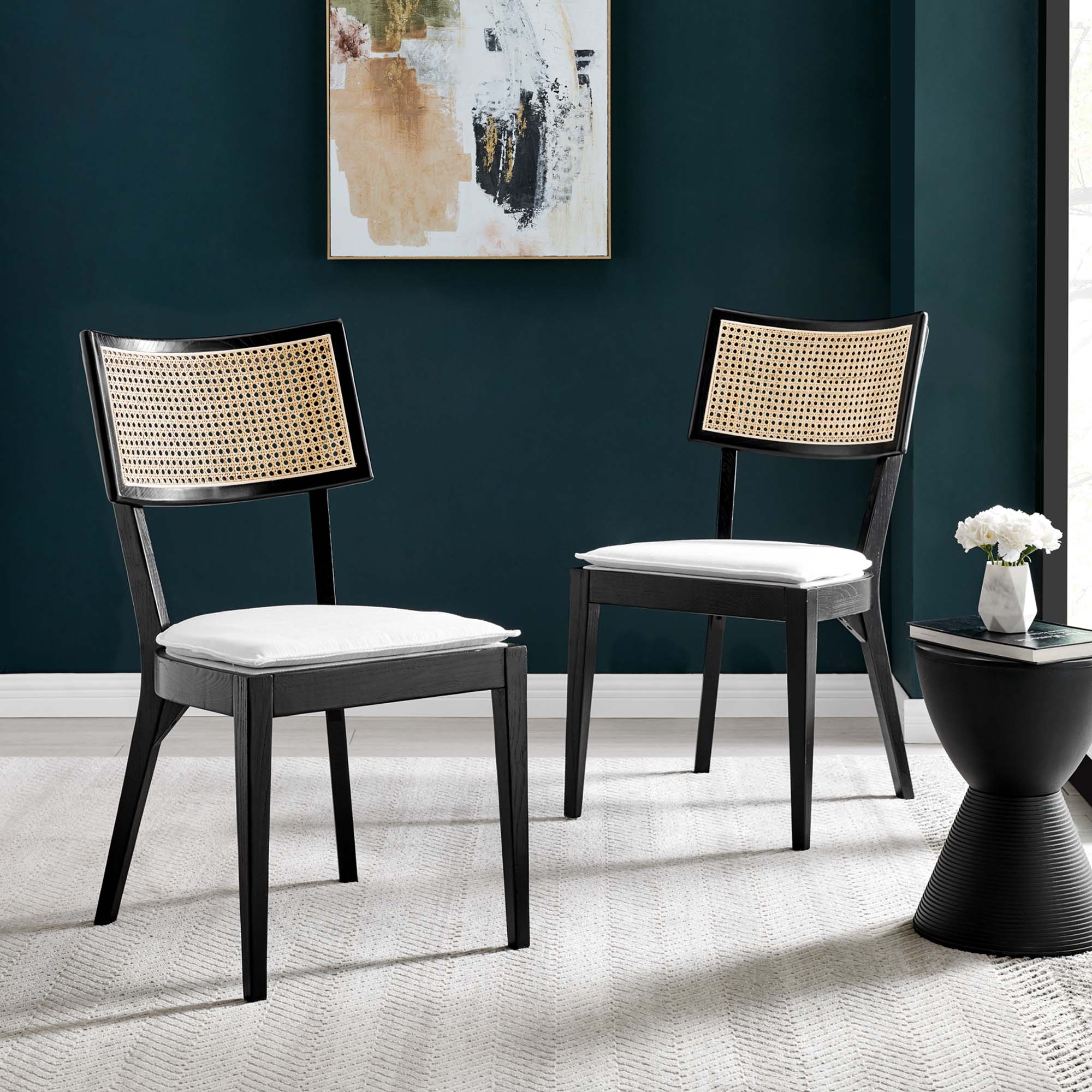 Caledonia Fabric Upholstered Wood Dining Chair Set of 2, Black White