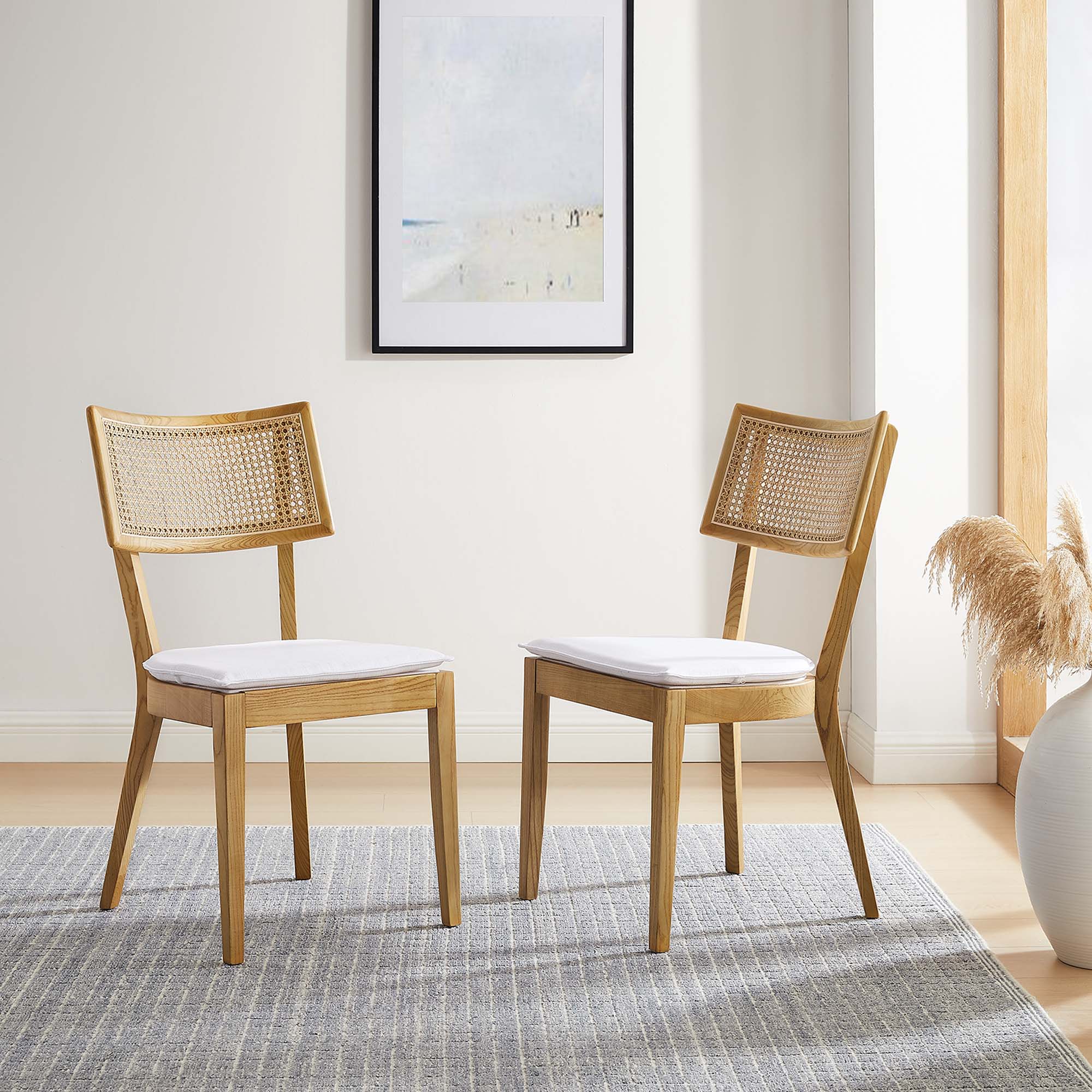 Caledonia Fabric Upholstered Wood Dining Chair Set of 2, Natural White