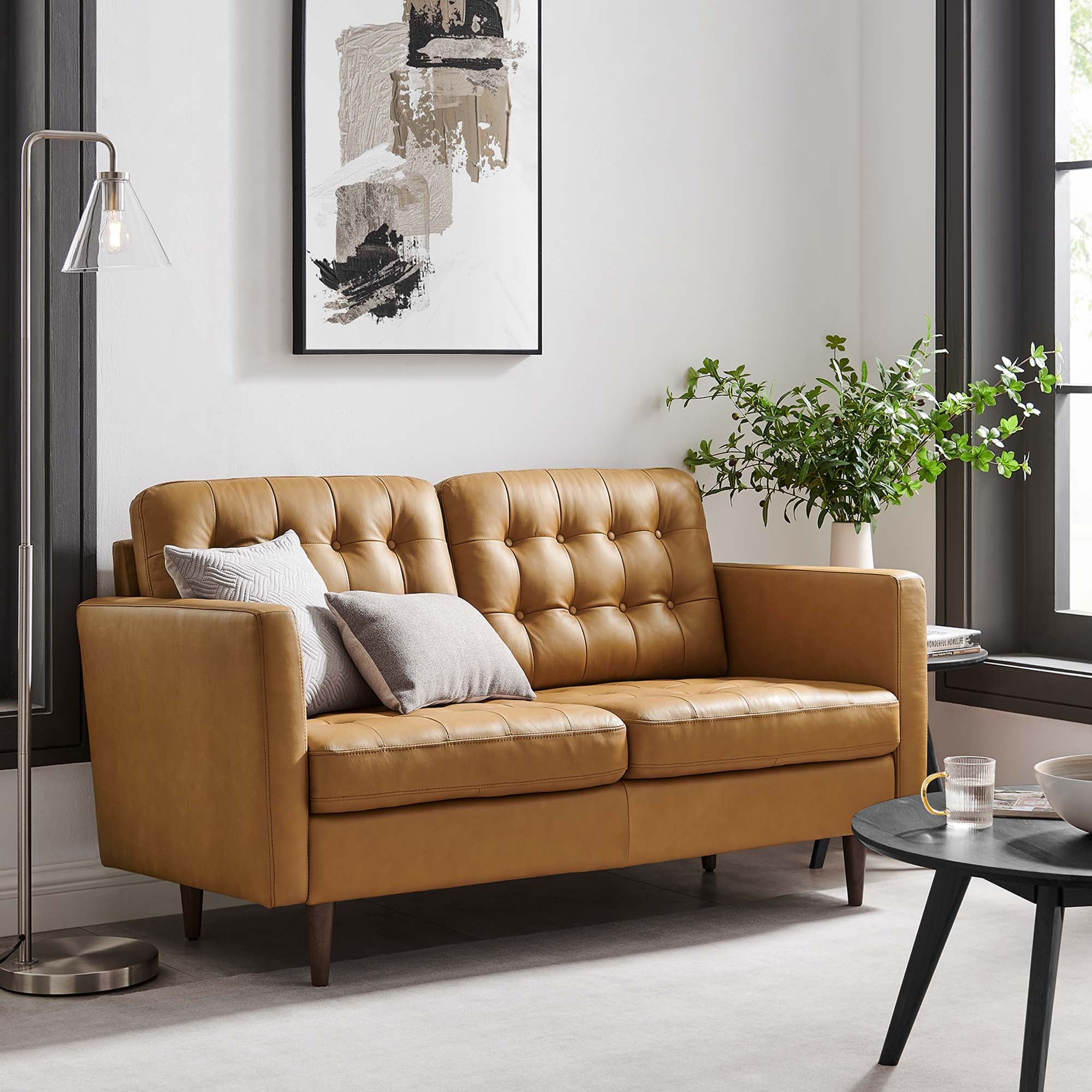 Exalt Tufted Leather Loveseat, Tan