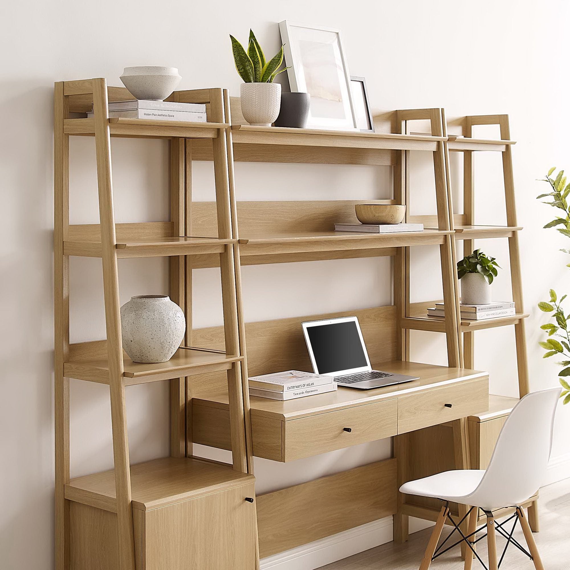Bixby 3-Piece Wood Office Desk and Bookshelf, Oak