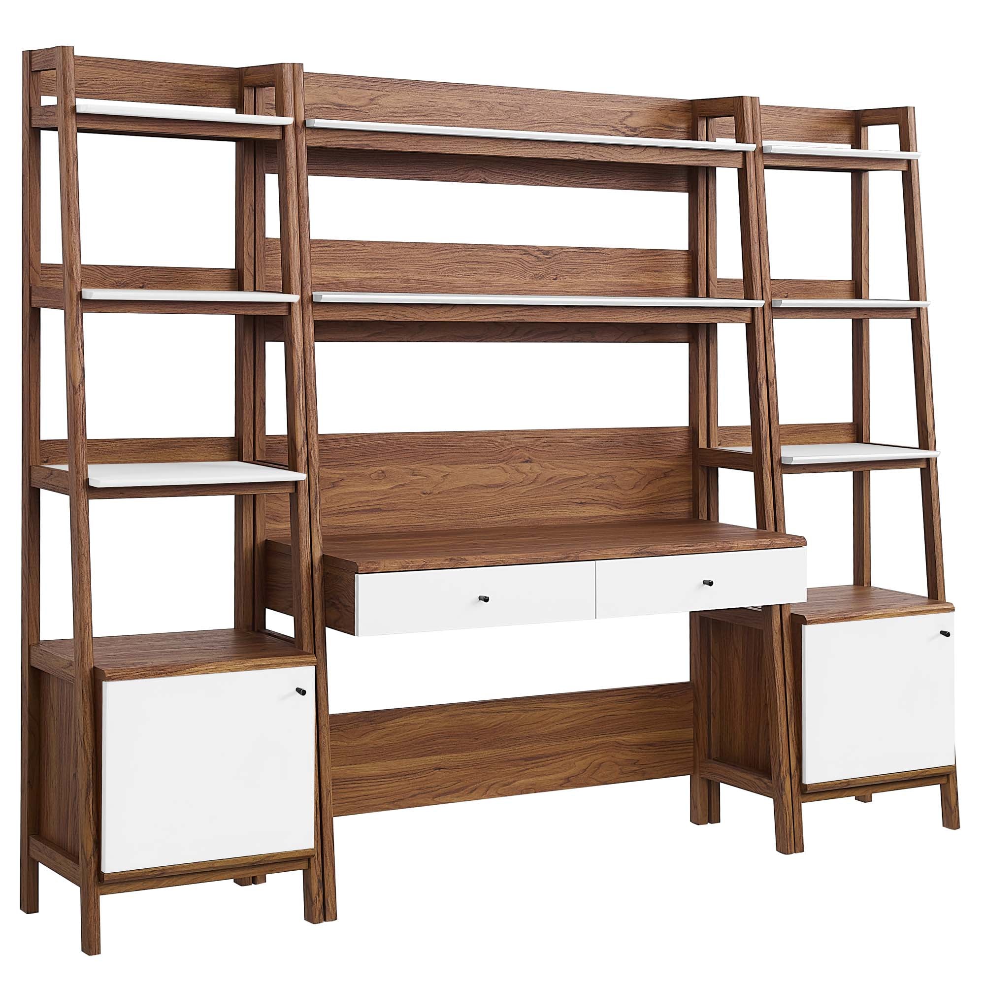 Bixby 3-Piece Wood Office Desk and Bookshelf, Walnut White