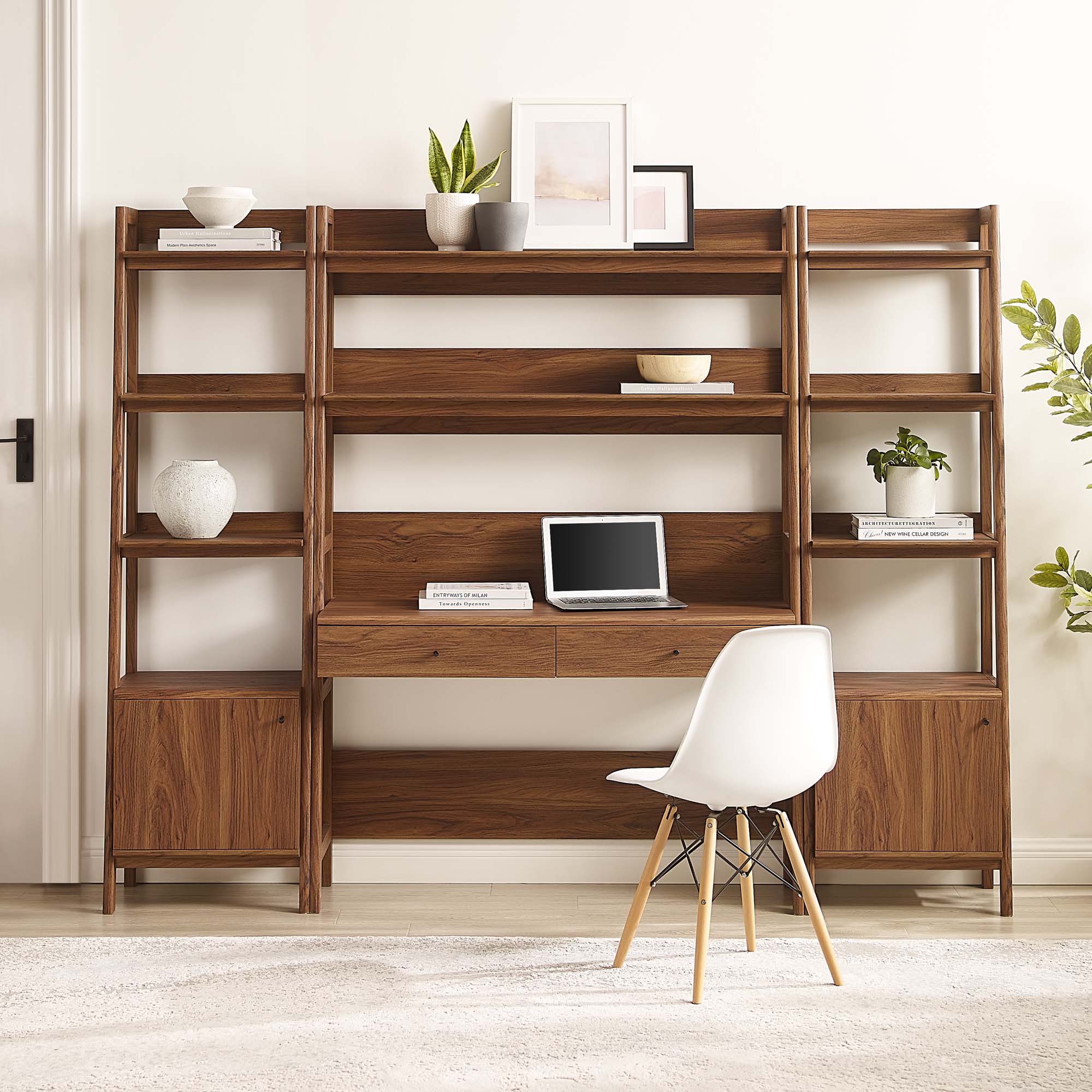 Bixby 3-Piece Wood Office Desk and Bookshelf, Walnut
