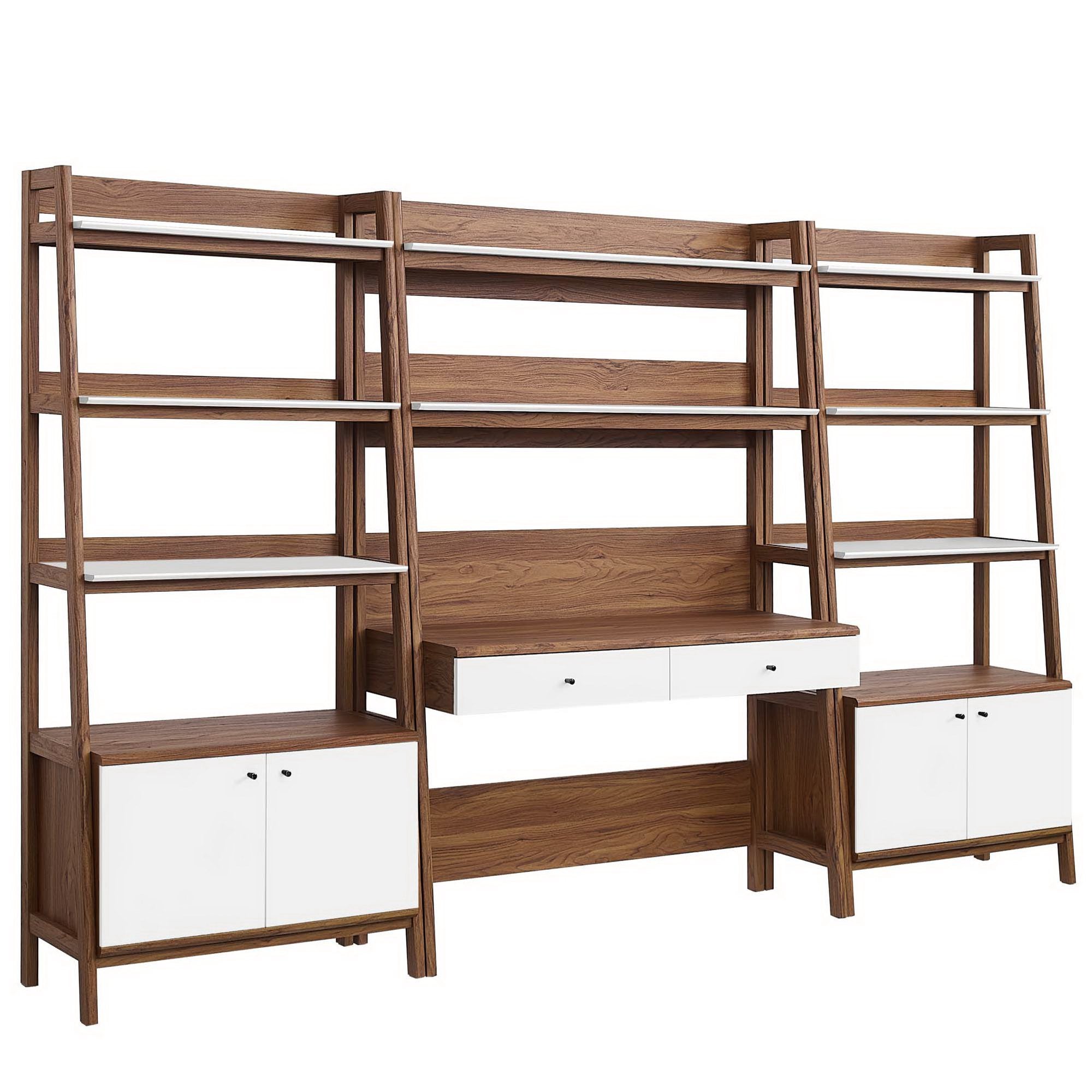 Bixby 3-Piece Wood Office Desk and Bookshelf, Walnut White