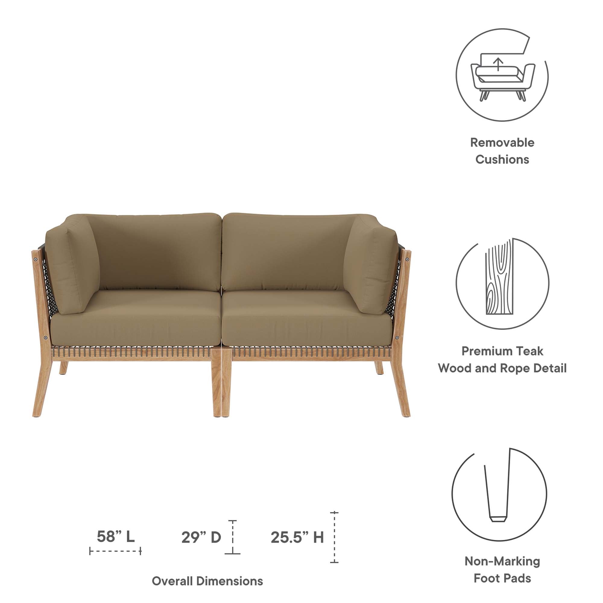 Clearwater Outdoor Patio Teak Wood Loveseat, Gray Light Brown
