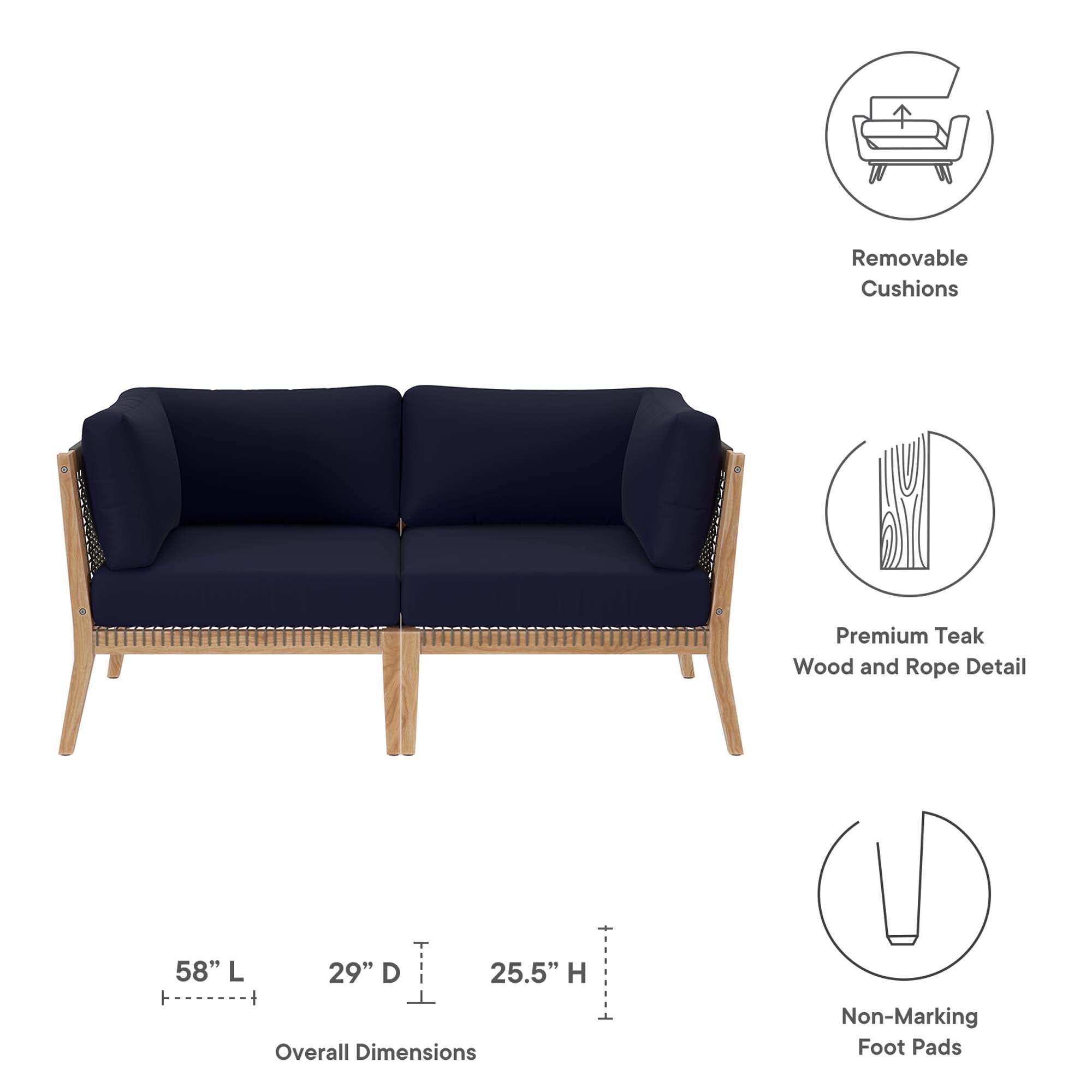 Clearwater Outdoor Patio Teak Wood Loveseat, Gray Navy