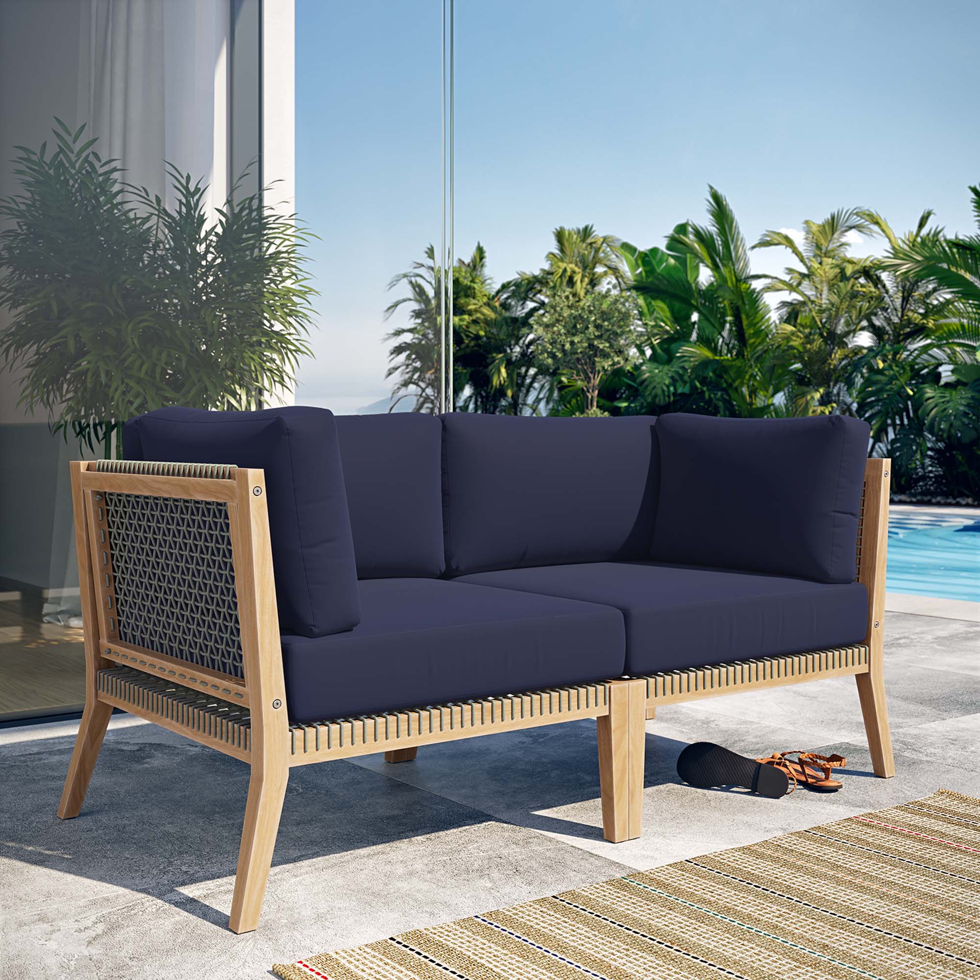 Clearwater Outdoor Patio Teak Wood Loveseat, Gray Navy