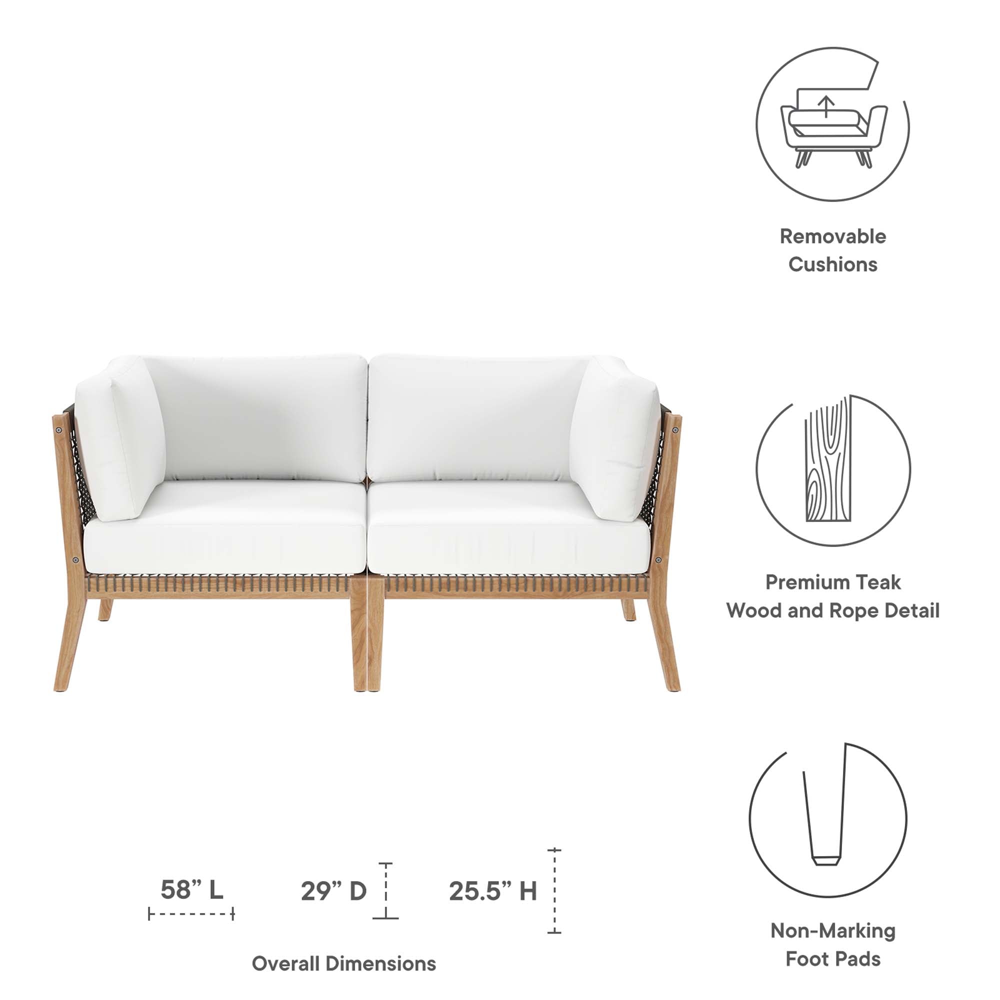 Clearwater Outdoor Patio Teak Wood Loveseat, Gray White