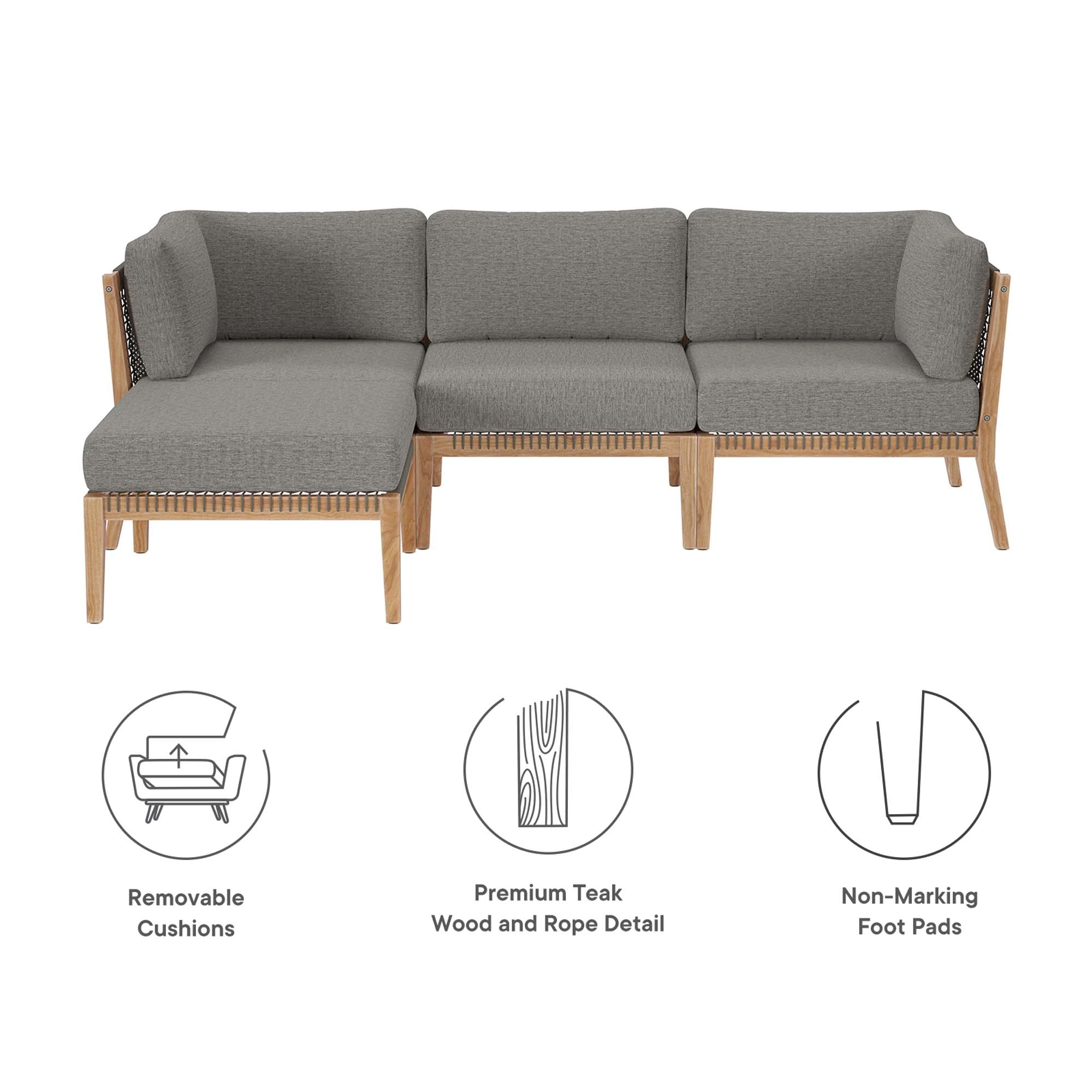 Clearwater 4-Piece Outdoor Patio Teak Wood Sectional Sofa, Gray Graphite