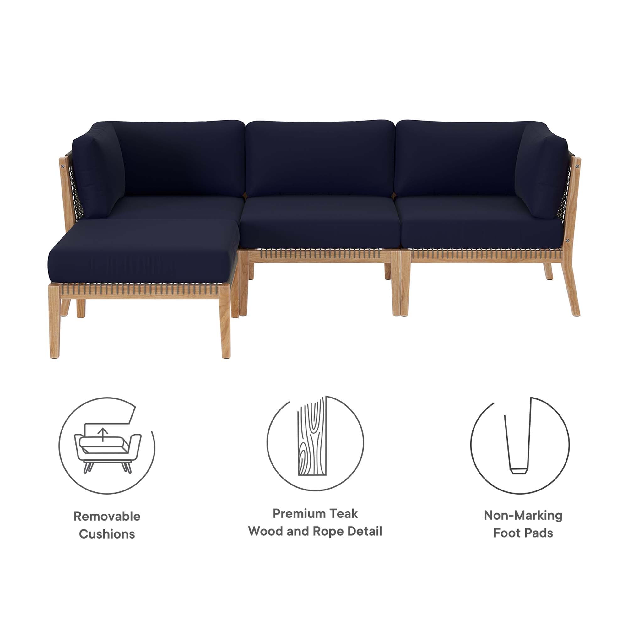 Clearwater 4-Piece Outdoor Patio Teak Wood Sectional Sofa, Gray Navy