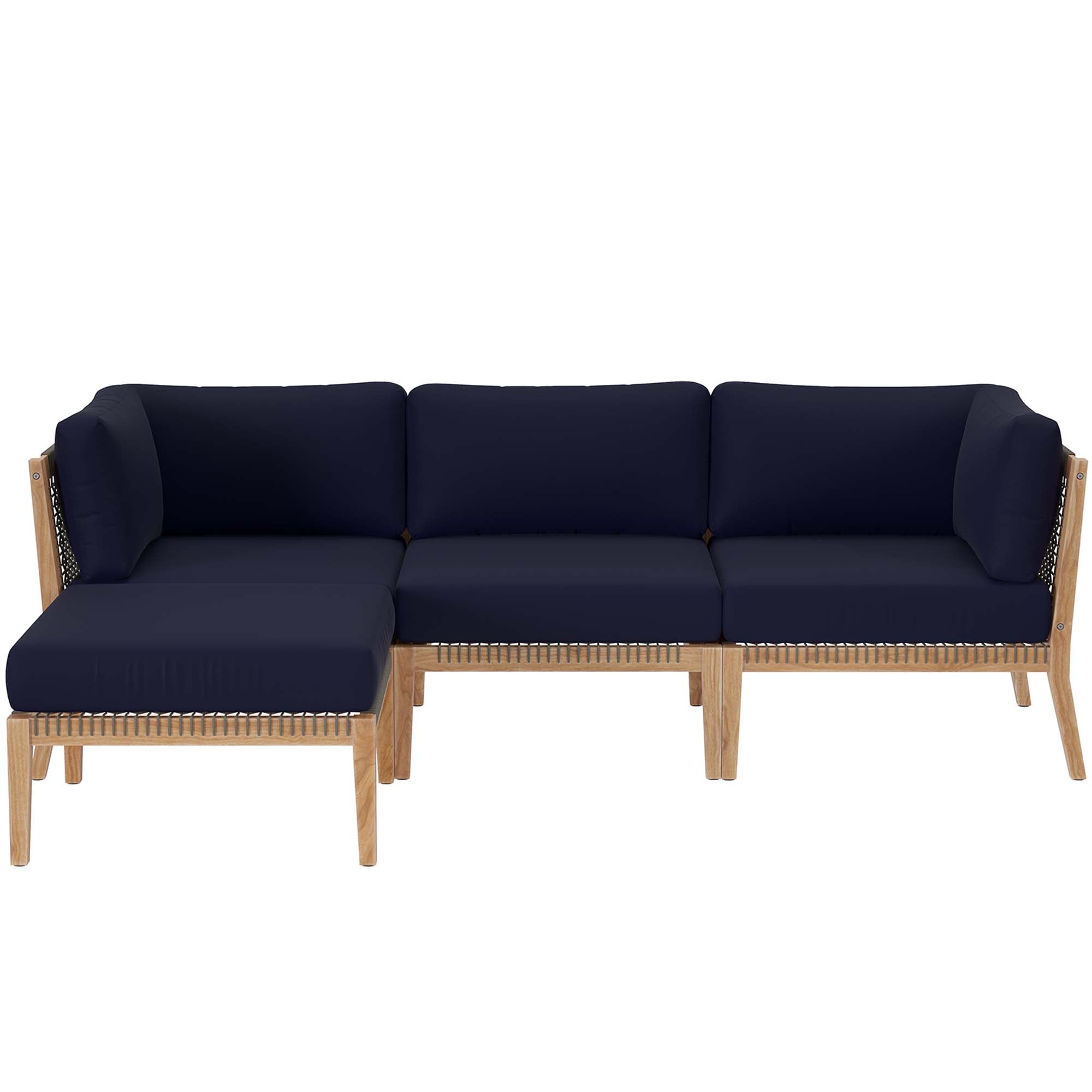 Clearwater 4-Piece Outdoor Patio Teak Wood Sectional Sofa, Gray Navy