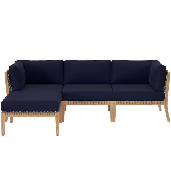 Clearwater 4-Piece Outdoor Patio Teak Wood Sectional Sofa, Gray Navy