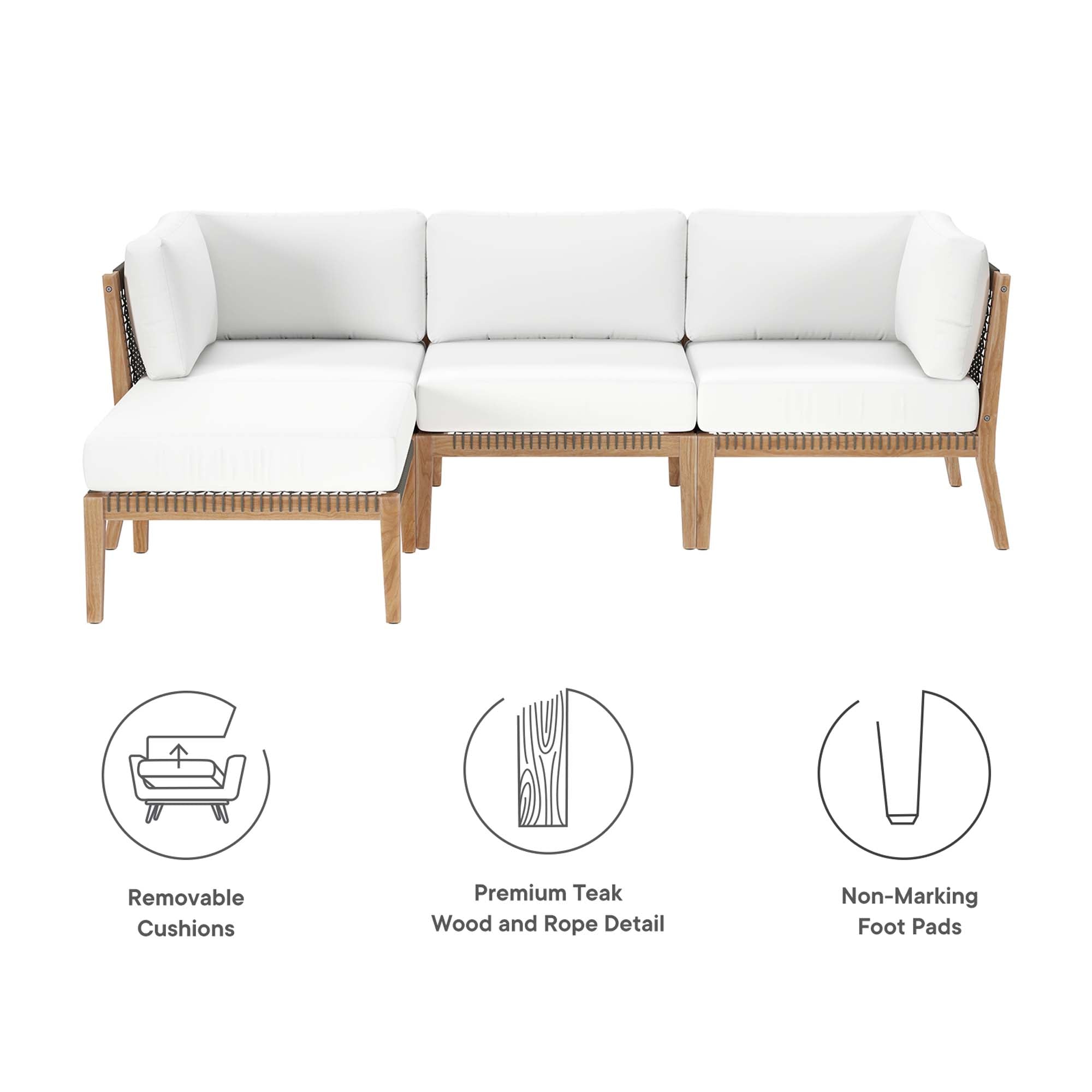 Clearwater 4-Piece Outdoor Patio Teak Wood Sectional Sofa, Gray White