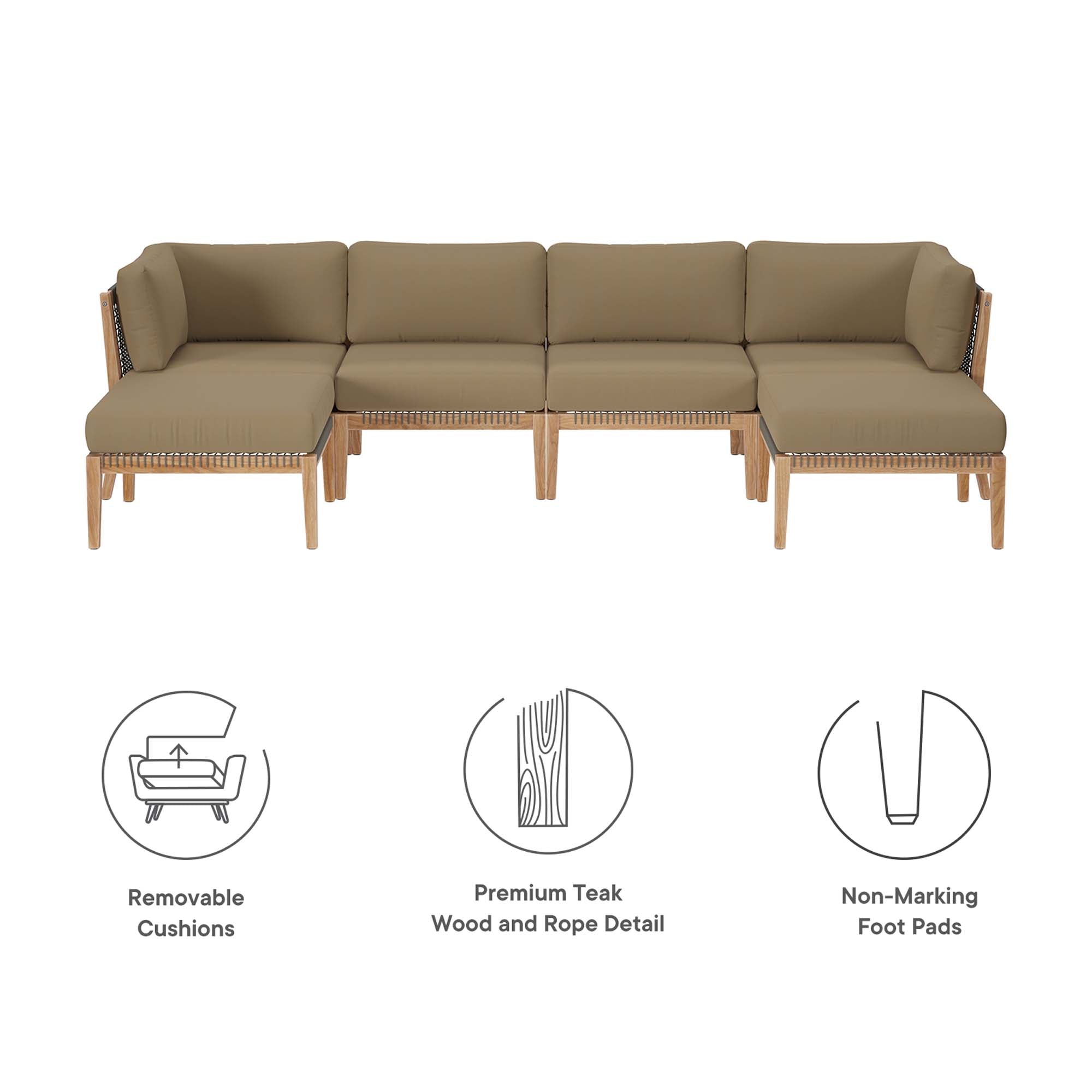 Clearwater 6-Piece Outdoor Patio Teak Wood Sectional Sofa, Gray Light Brown