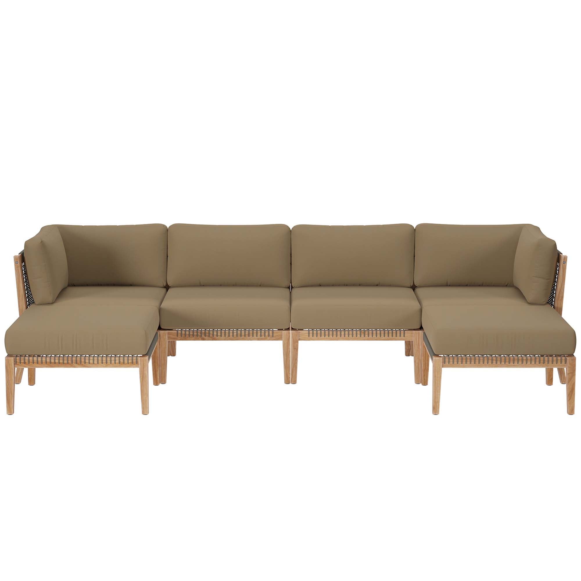 Clearwater 6-Piece Outdoor Patio Teak Wood Sectional Sofa, Gray Light Brown