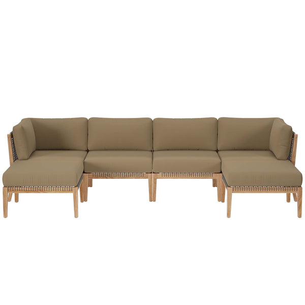 Clearwater 6-Piece Outdoor Patio Teak Wood Sectional Sofa, Gray Light Brown