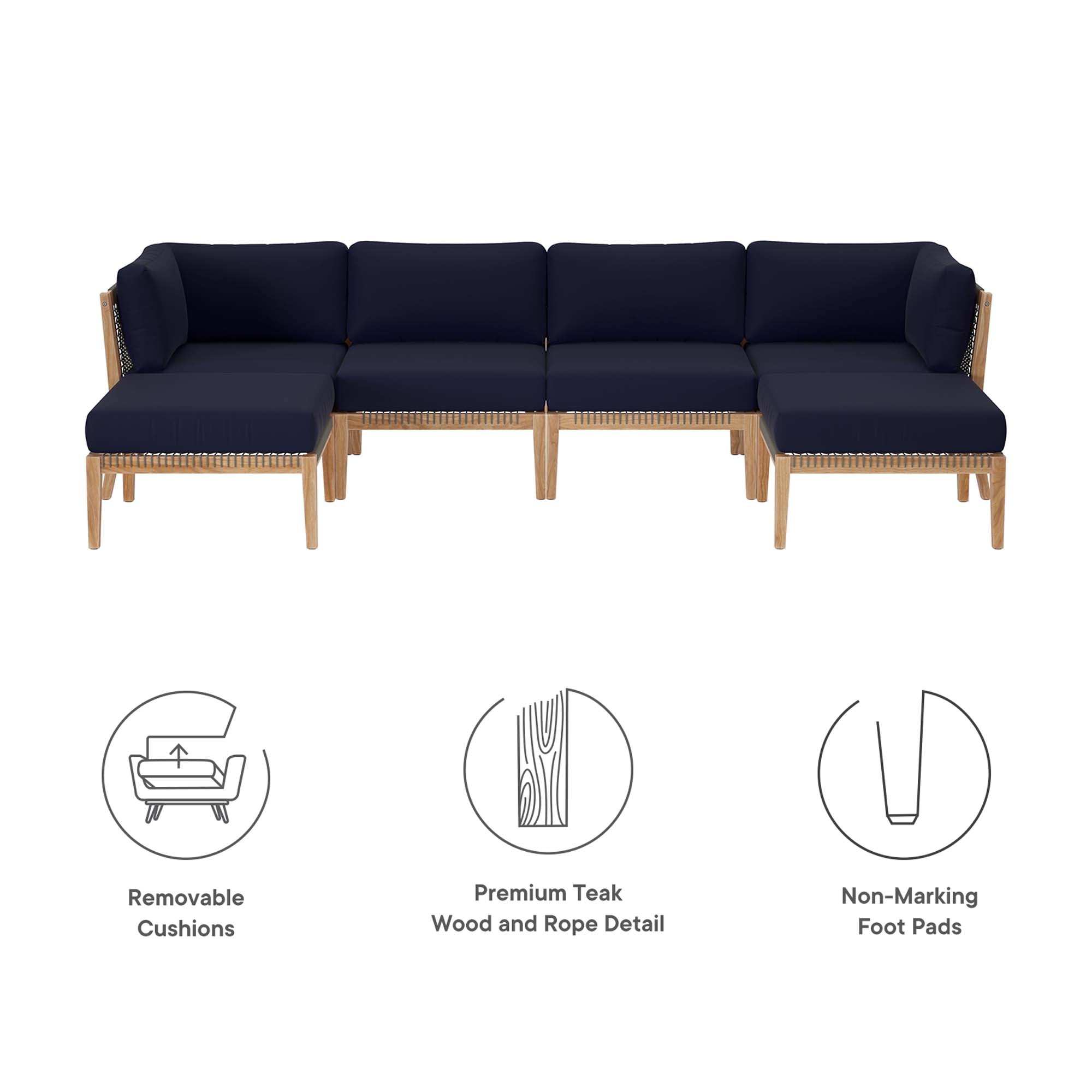 Clearwater 6-Piece Outdoor Patio Teak Wood Sectional Sofa, Gray Navy
