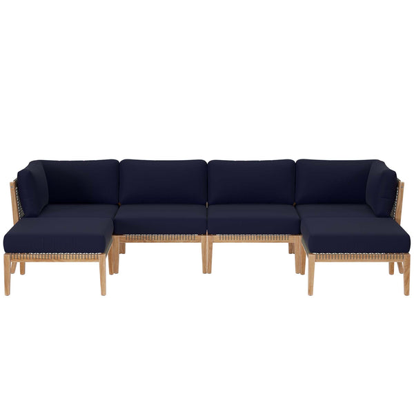 Clearwater 6-Piece Outdoor Patio Teak Wood Sectional Sofa, Gray Navy