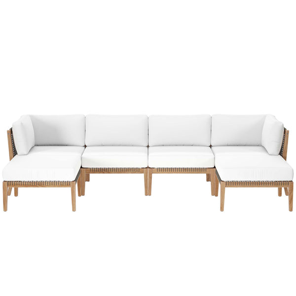 Clearwater 6-Piece Outdoor Patio Teak Wood Sectional Sofa, Gray White