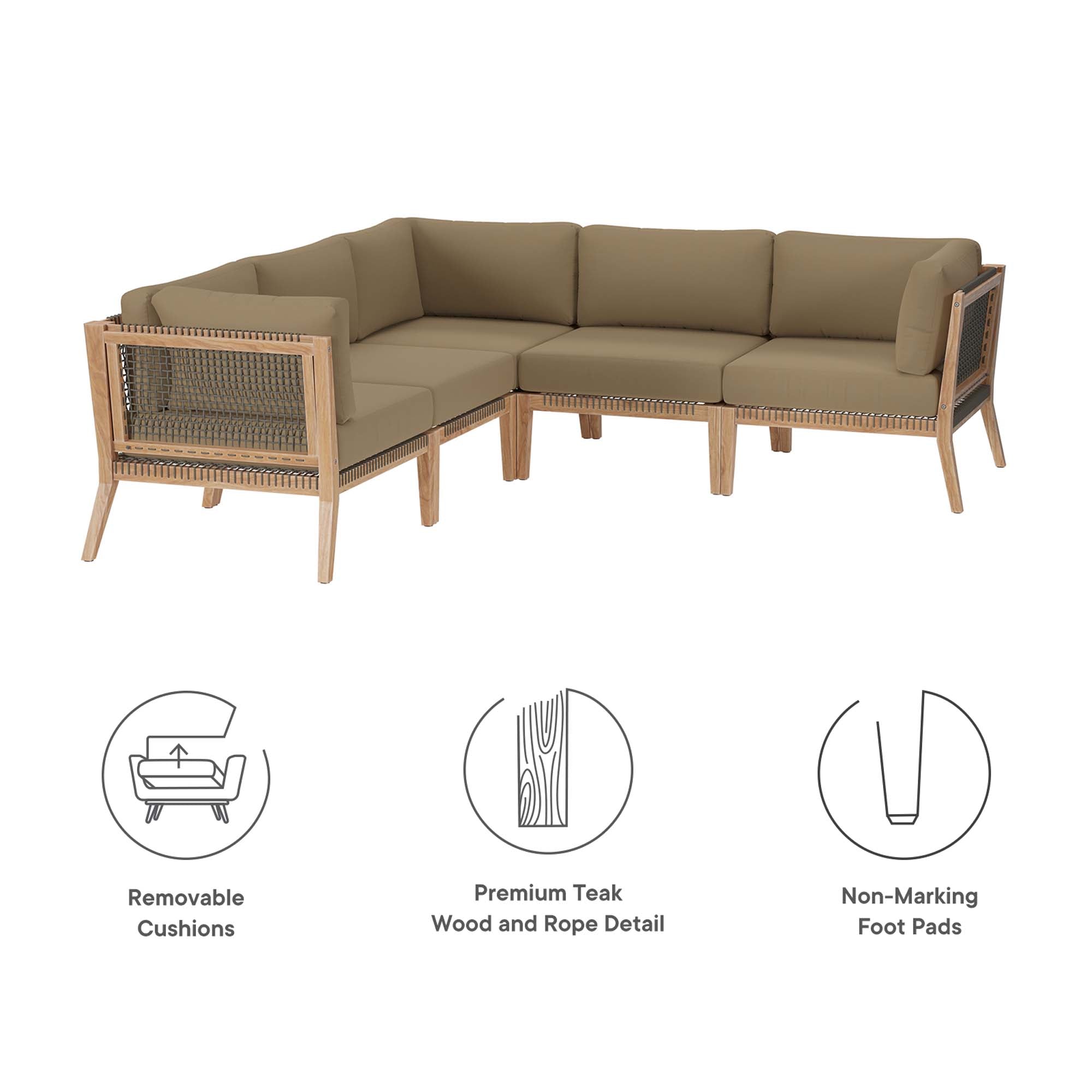 Clearwater 5-Piece Outdoor Patio Teak Wood Sectional Sofa, Gray Light Brown