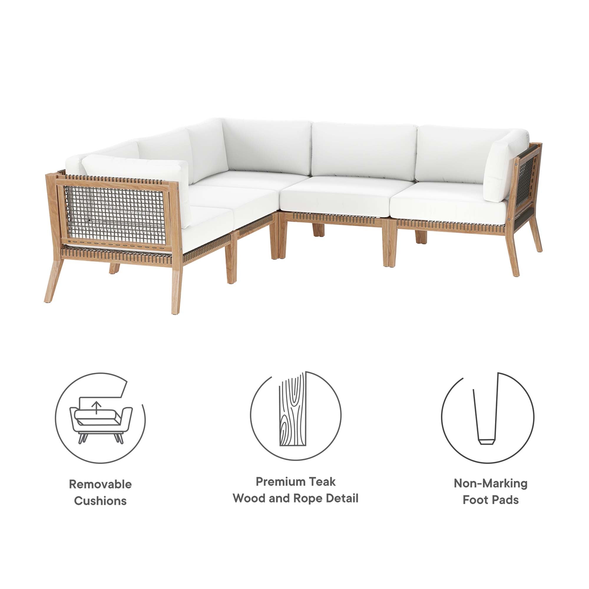 Clearwater 5-Piece Outdoor Patio Teak Wood Sectional Sofa, Gray White