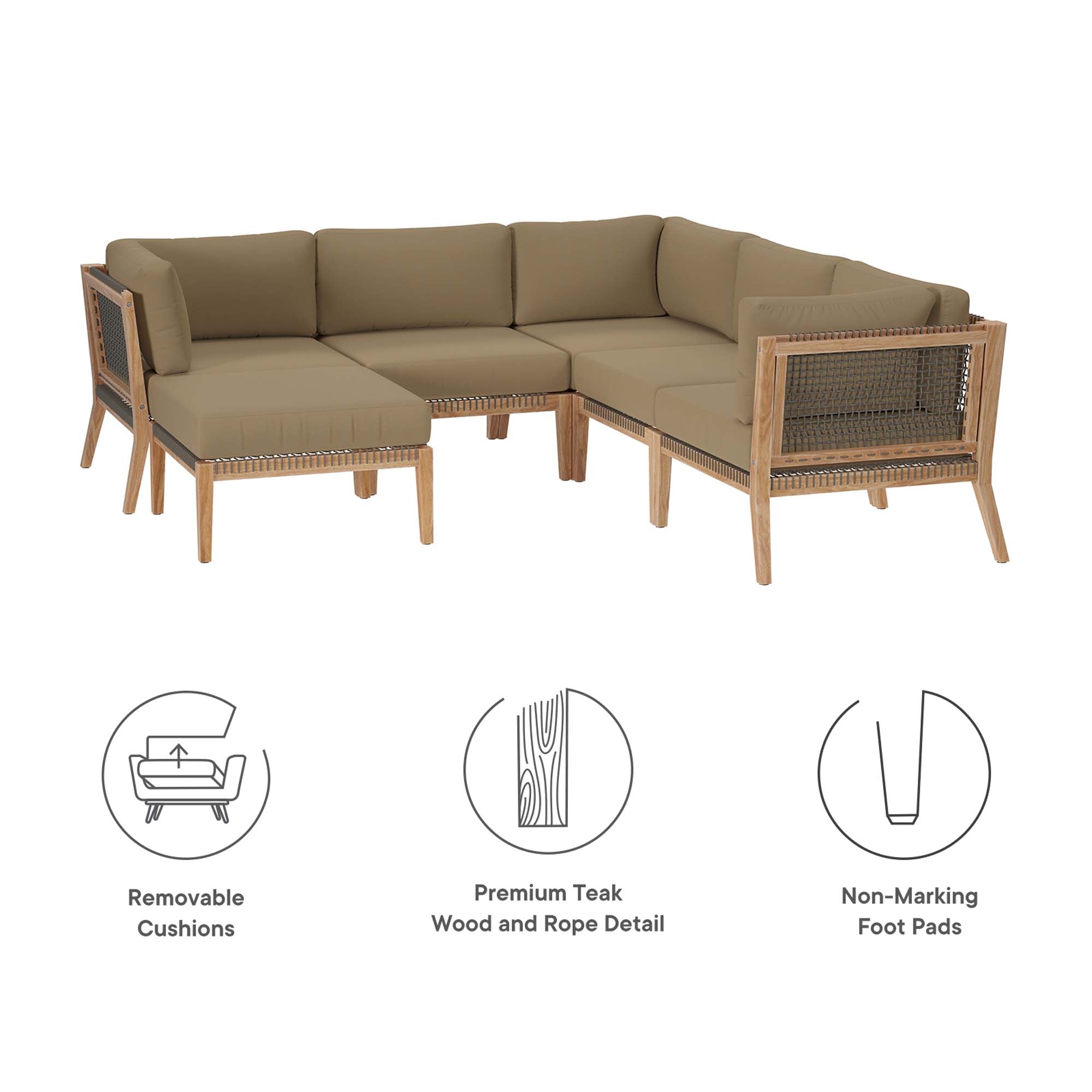 Clearwater 6-Piece Outdoor Patio Teak Wood Sectional Sofa, Gray Light Brown