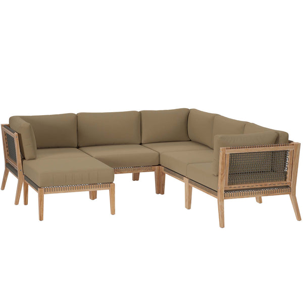 Clearwater 6-Piece Outdoor Patio Teak Wood Sectional Sofa, Gray Light Brown